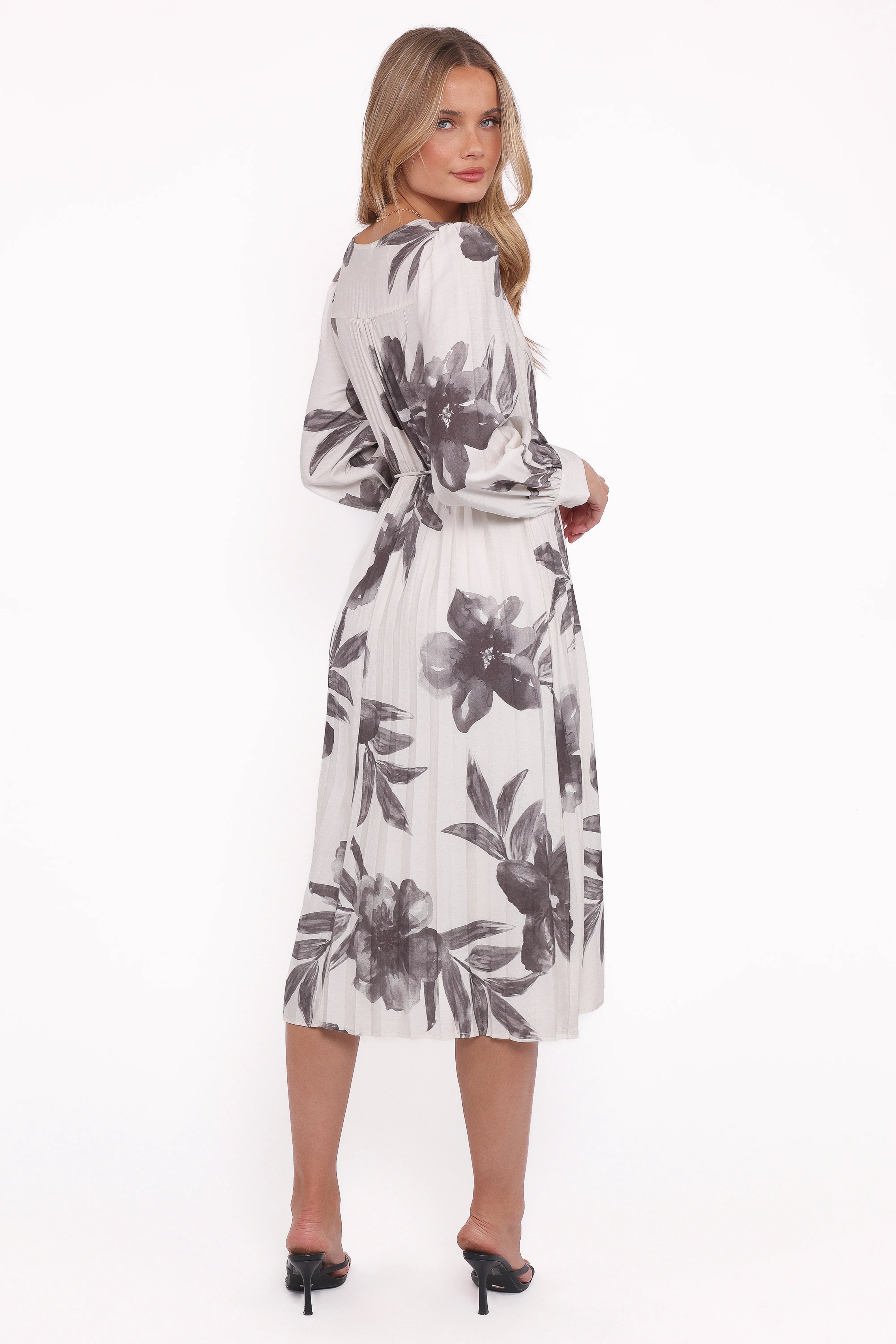 Grainne Long Sleeve Midi Dress Black White Floral
