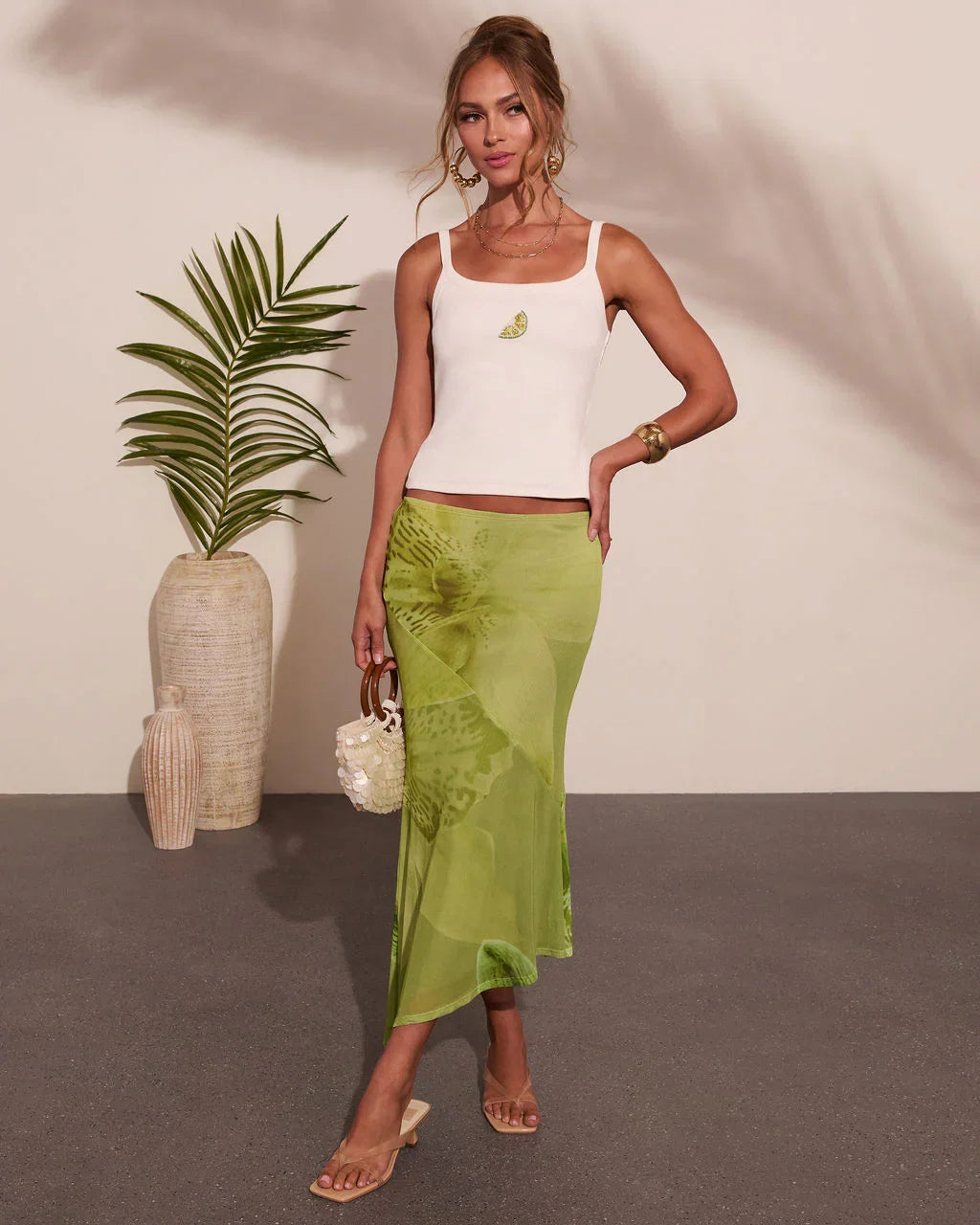 Rooted Grace Tropical Floral Mesh Maxi Skirt