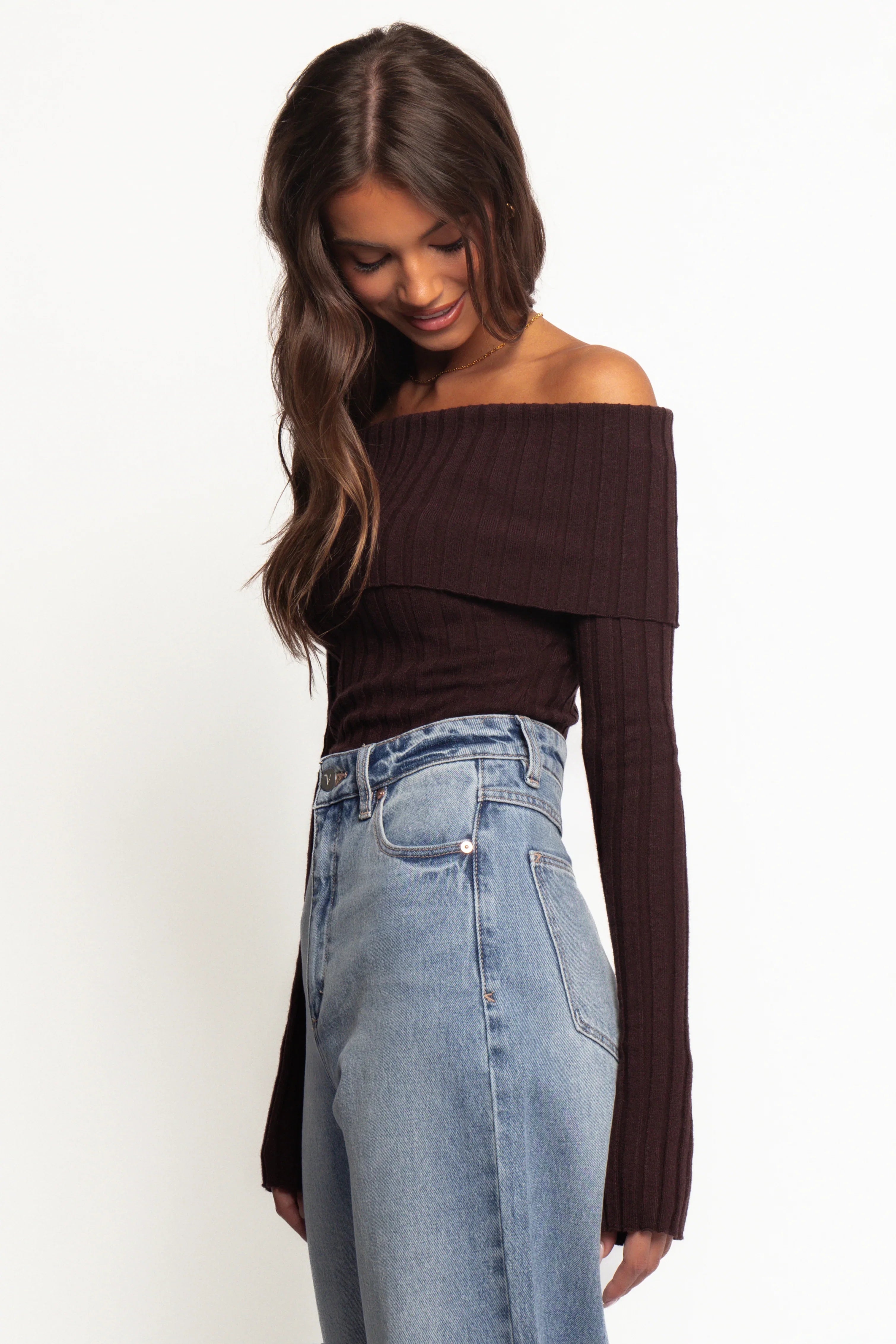 Inora Off Shoulder Knit Top Chocolate