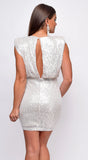 Stare Silver Nude Sequin V Neck Shoulder Pad Mini Dress