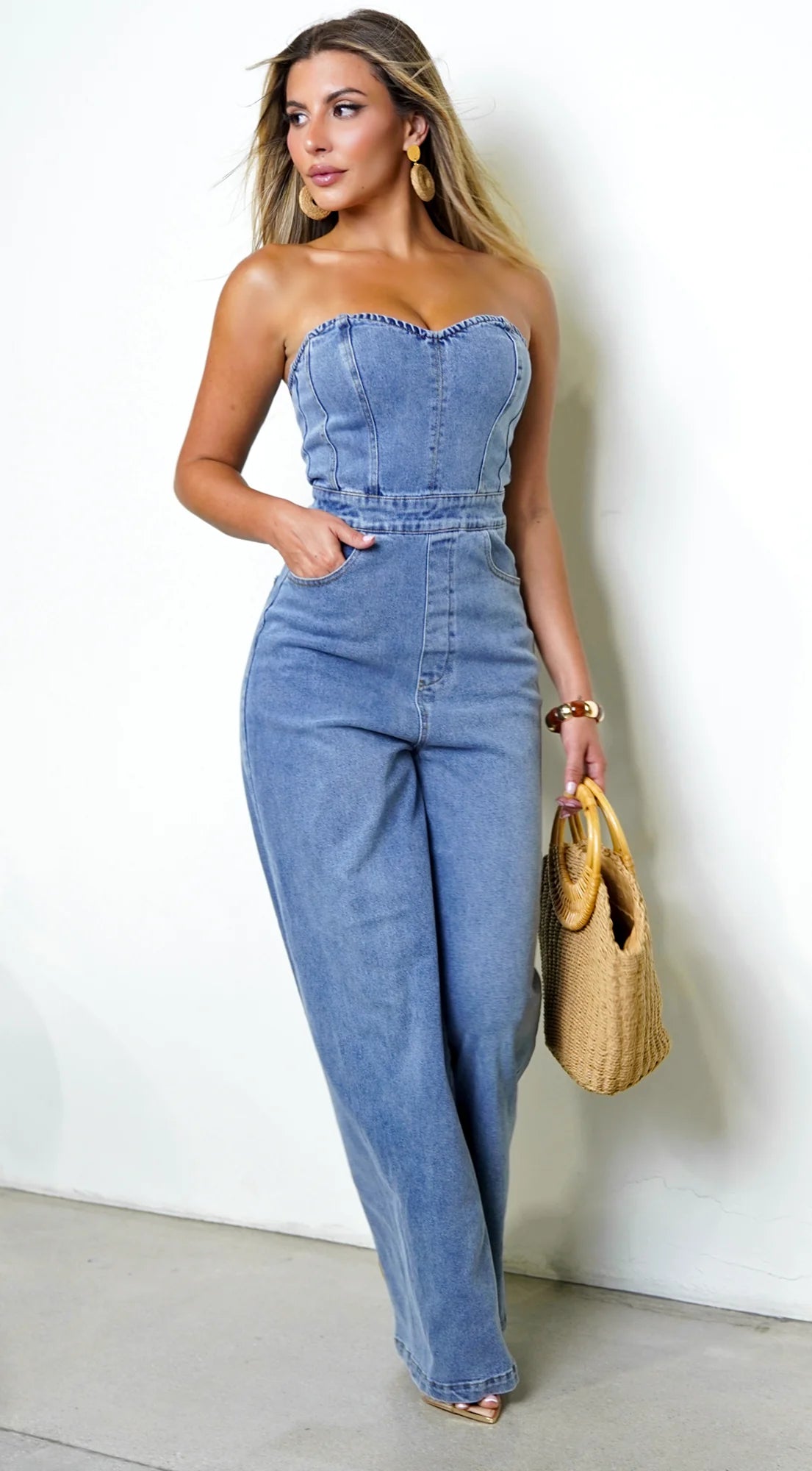 Halo Strapless Wide Leg Denim Jumpsuit Blue