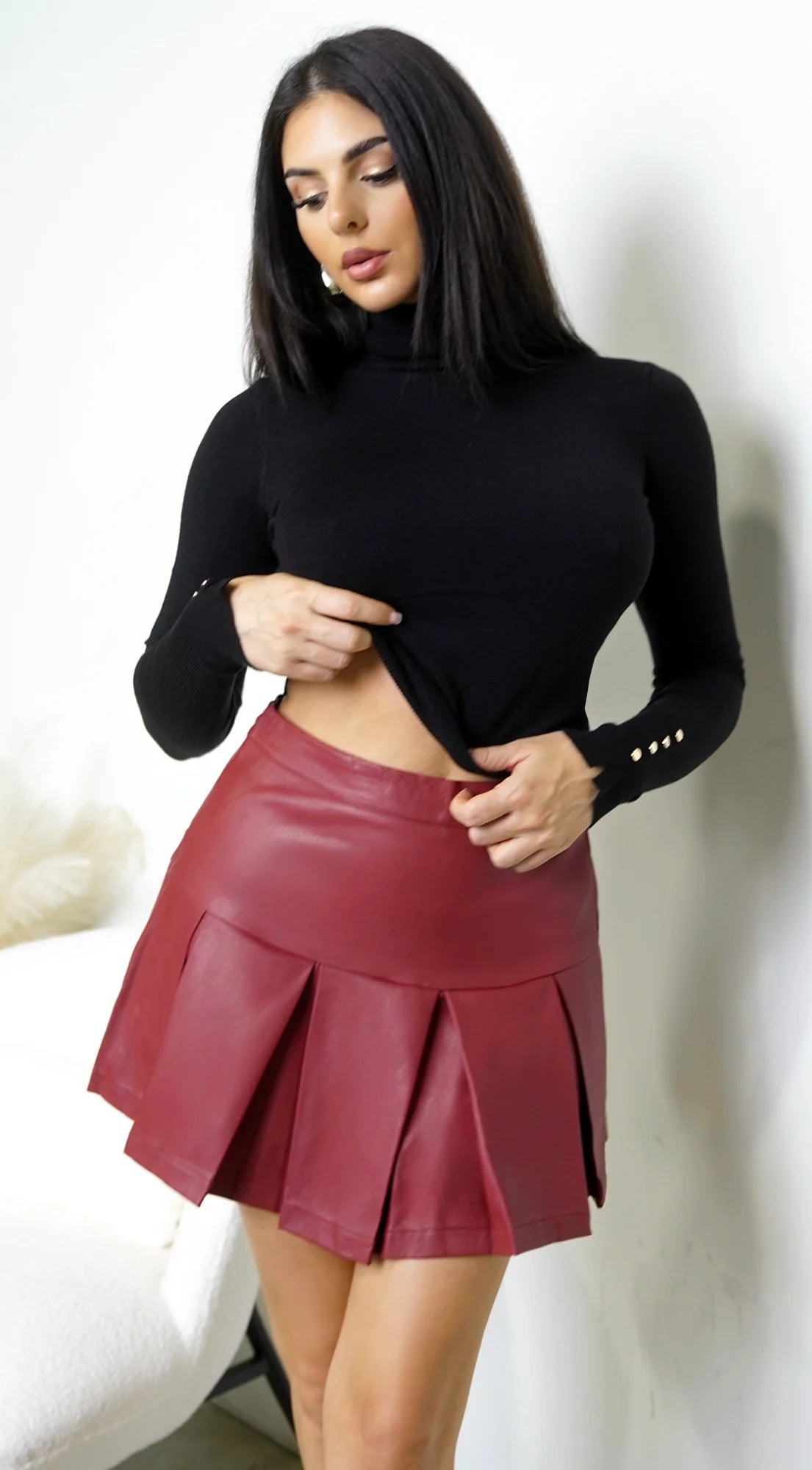 Nerix Pleated PU Leather Skirt Brick Red
