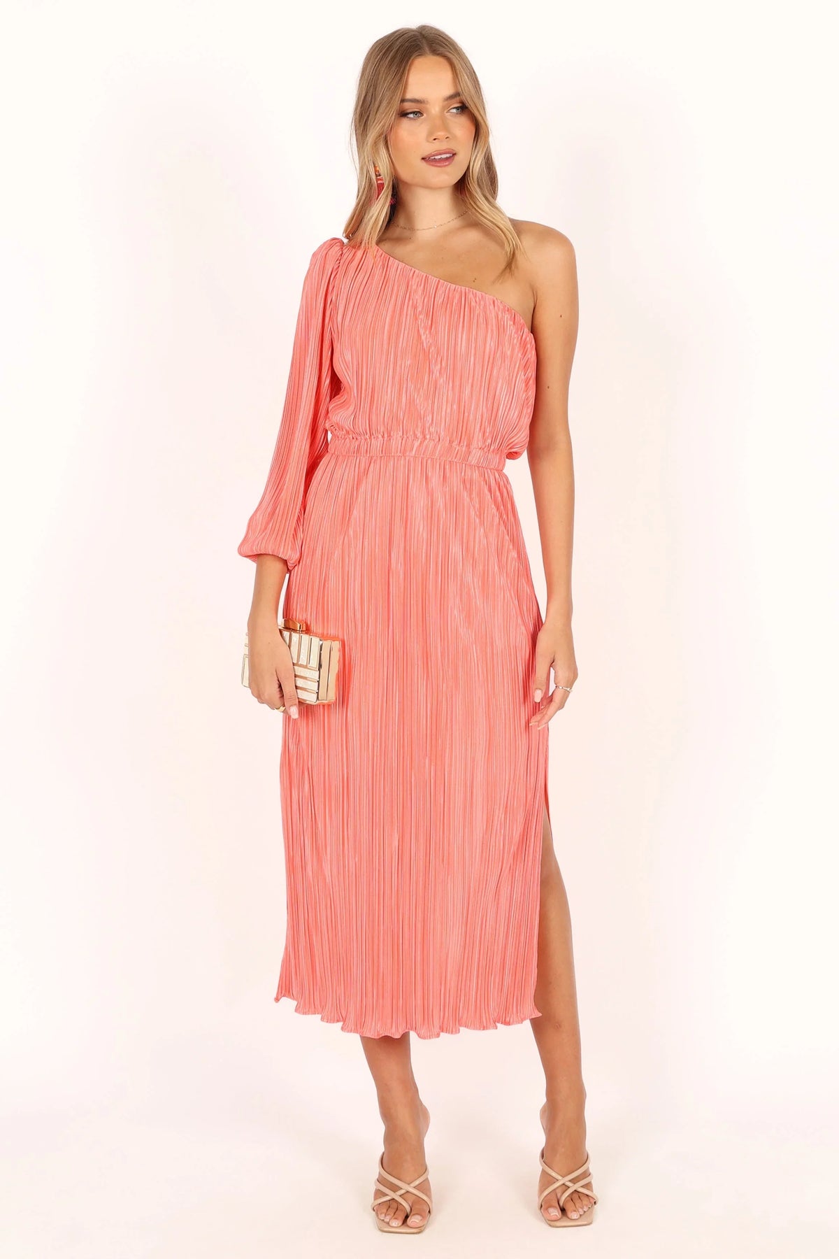 Pontee One Shoulder Pleated Midi Dress Coral