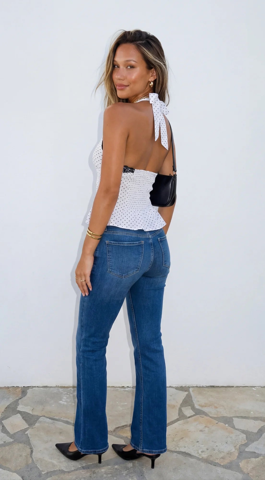 Valette Polka Dot Lace Halter Top White