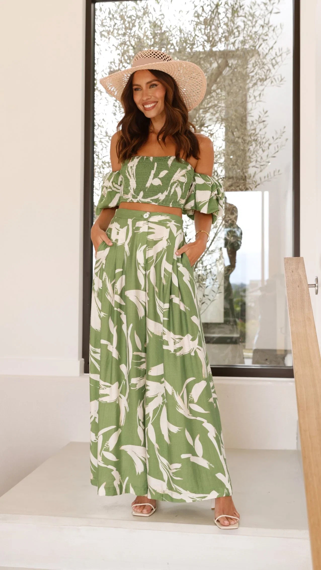 Callison Crop Top and Pants Set Green Print