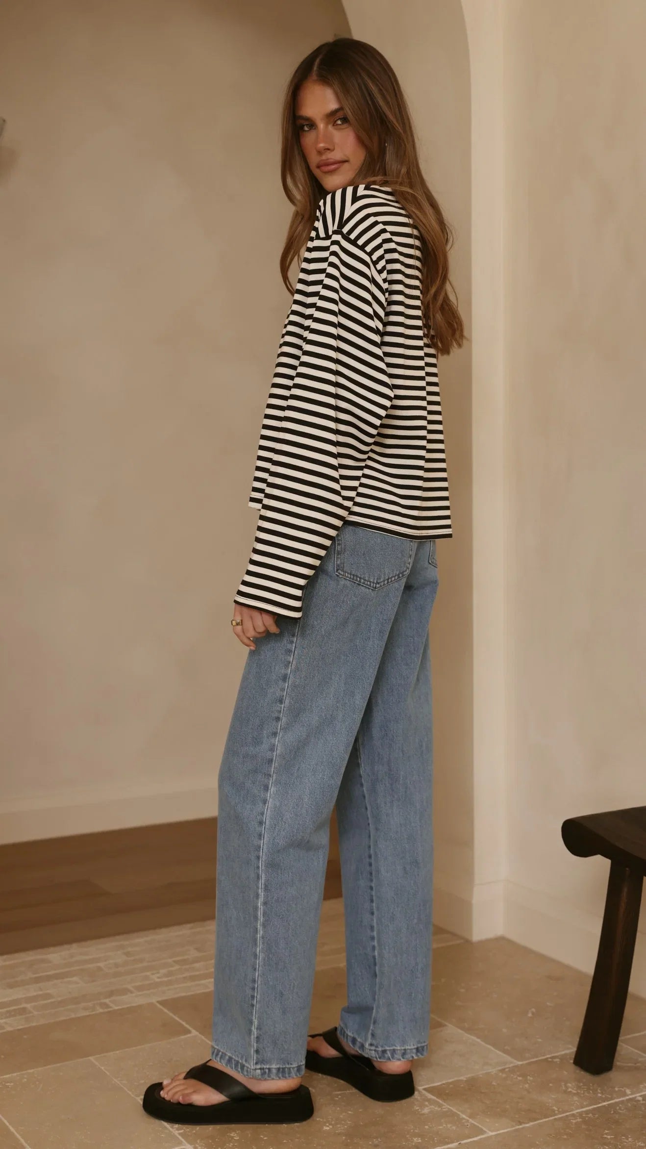 Solana Long Sleeve Top Black White Stripe
