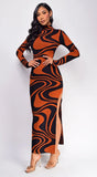Autumn Black Rust Brown Jacquard Side Slit Maxi Dress