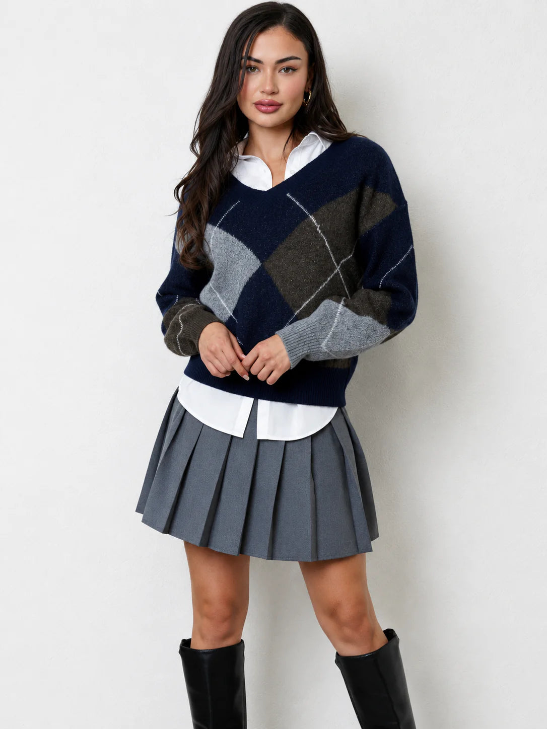 Noxley Argyle V Neck Long Sleeve Sweater Navy