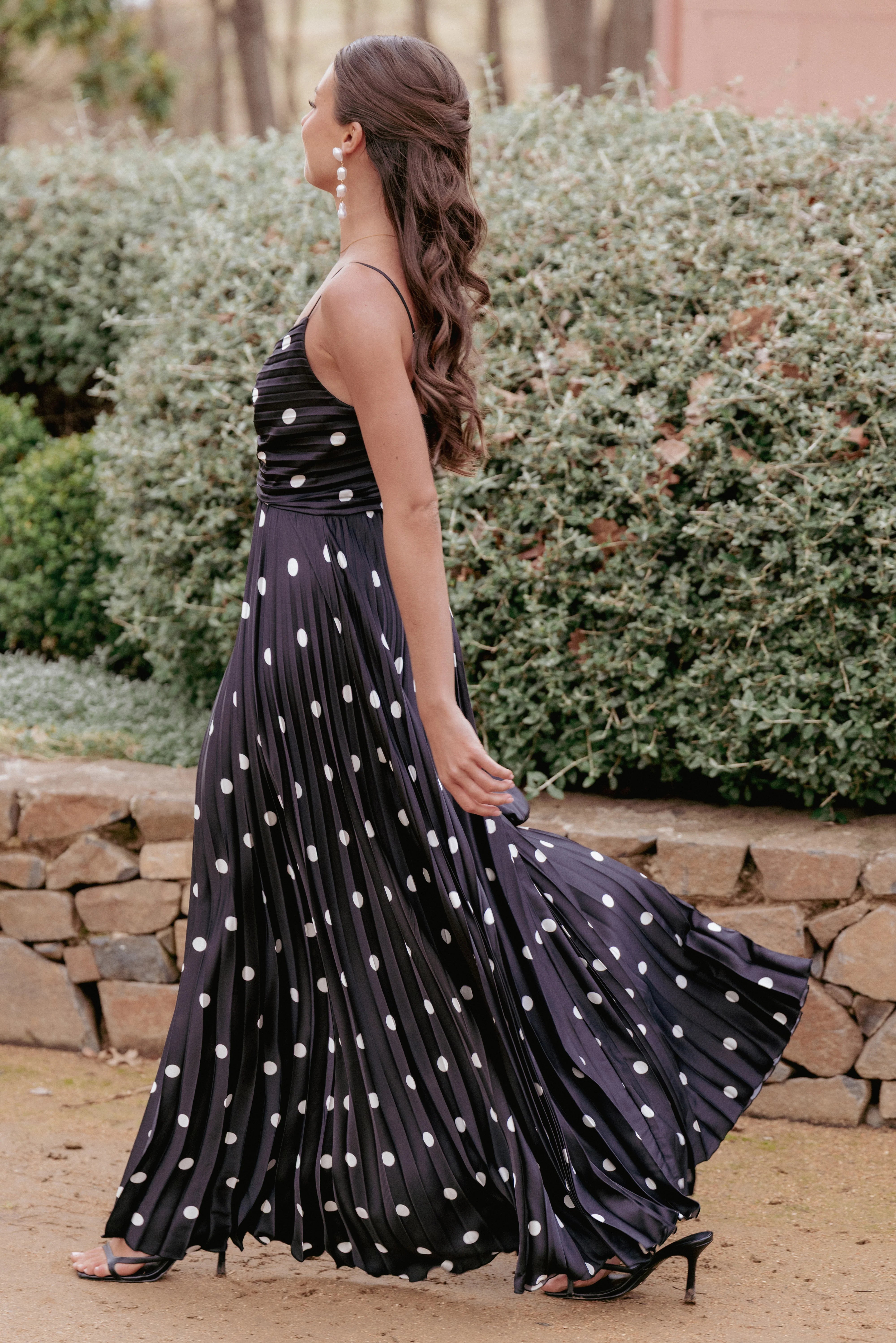 Naira Pleated Maxi Dress Black Polka Dot