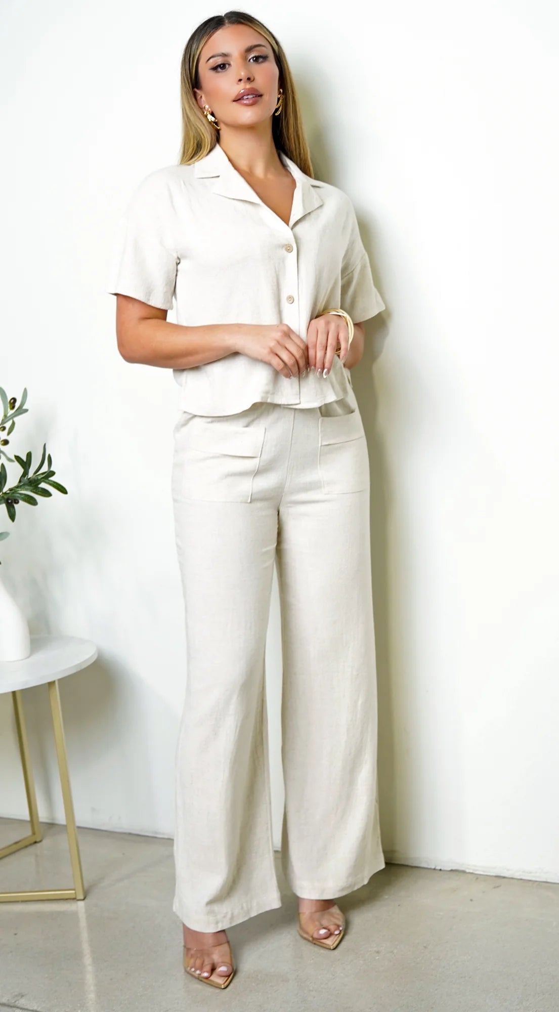 Lior Front Button Down Linen Set Beige