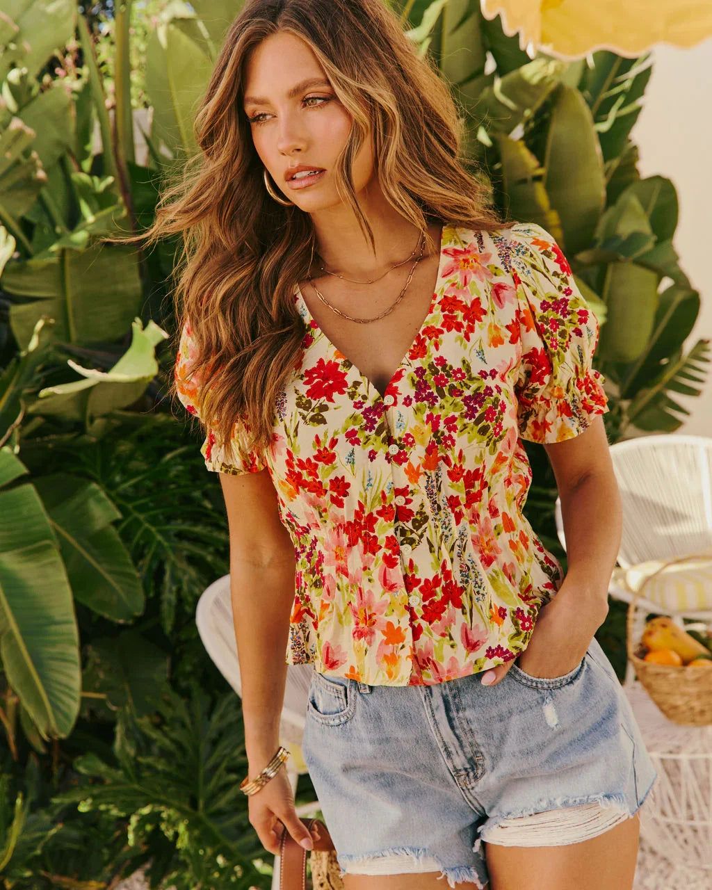 Orchard Glow Floral Cinched Waist Top