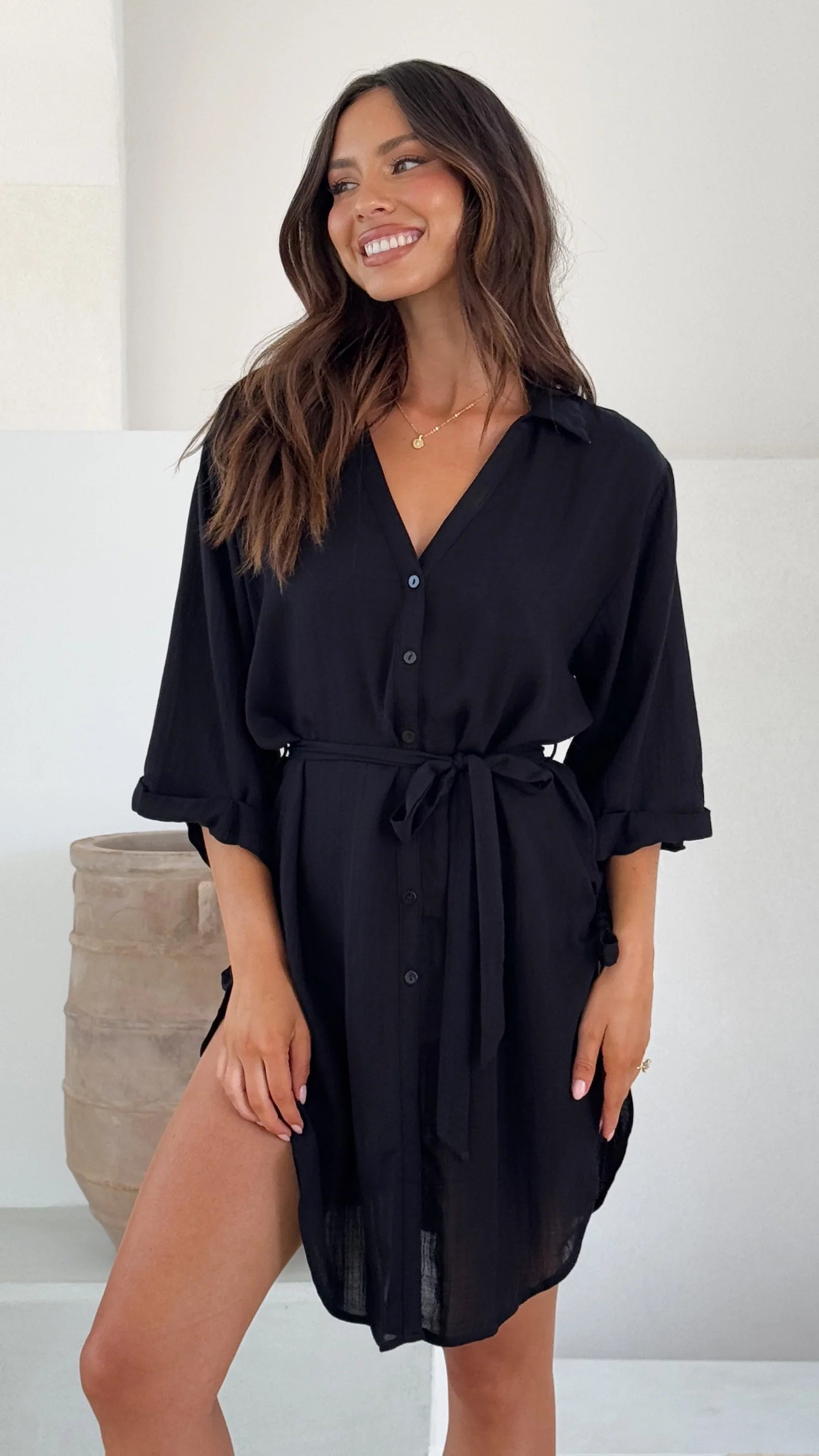 Vesper Button Down Beach Cover Up Black