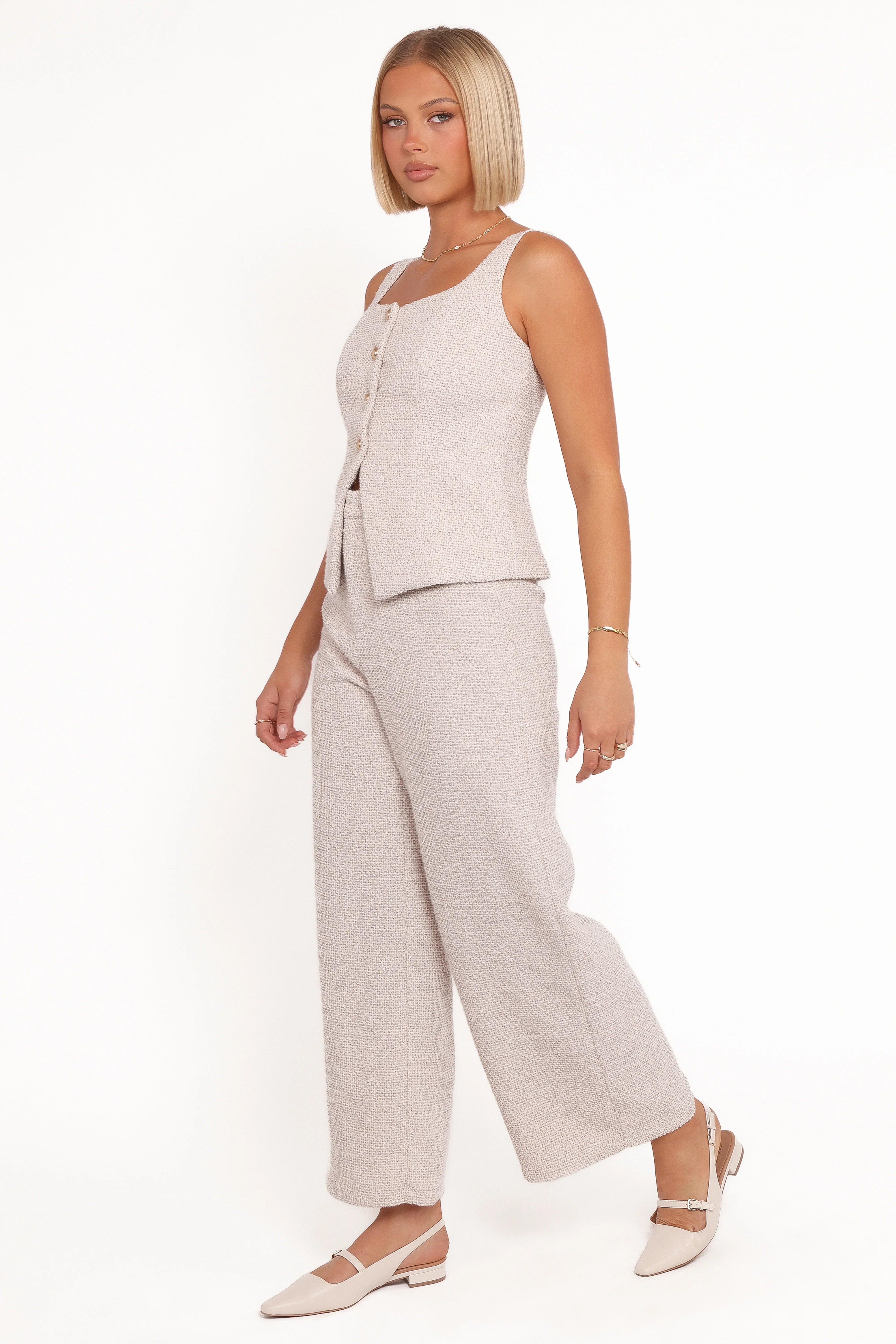 Greta Tailored Pant Set White Brown Marl