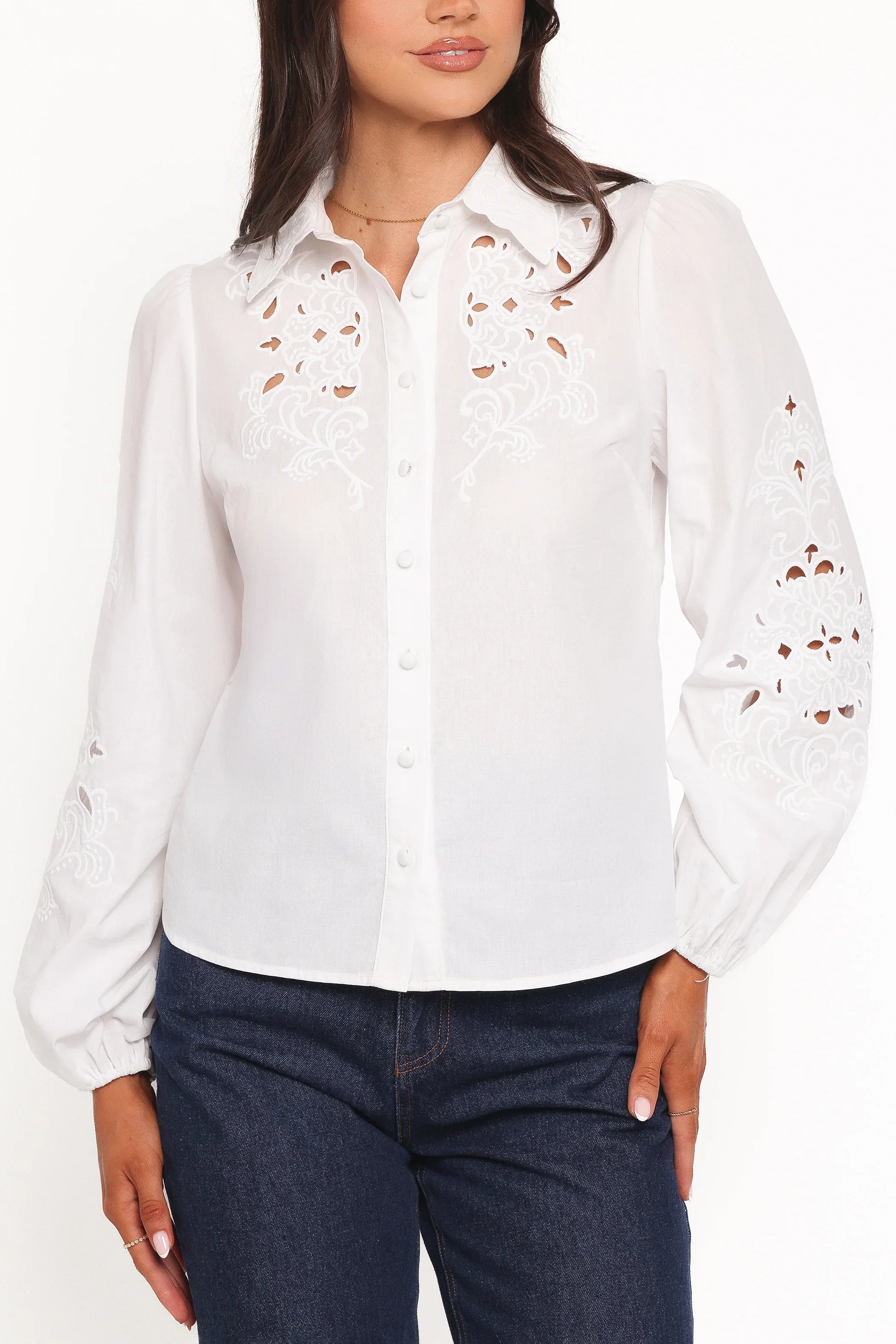Aeloria Button Front Shirt White Embroidery