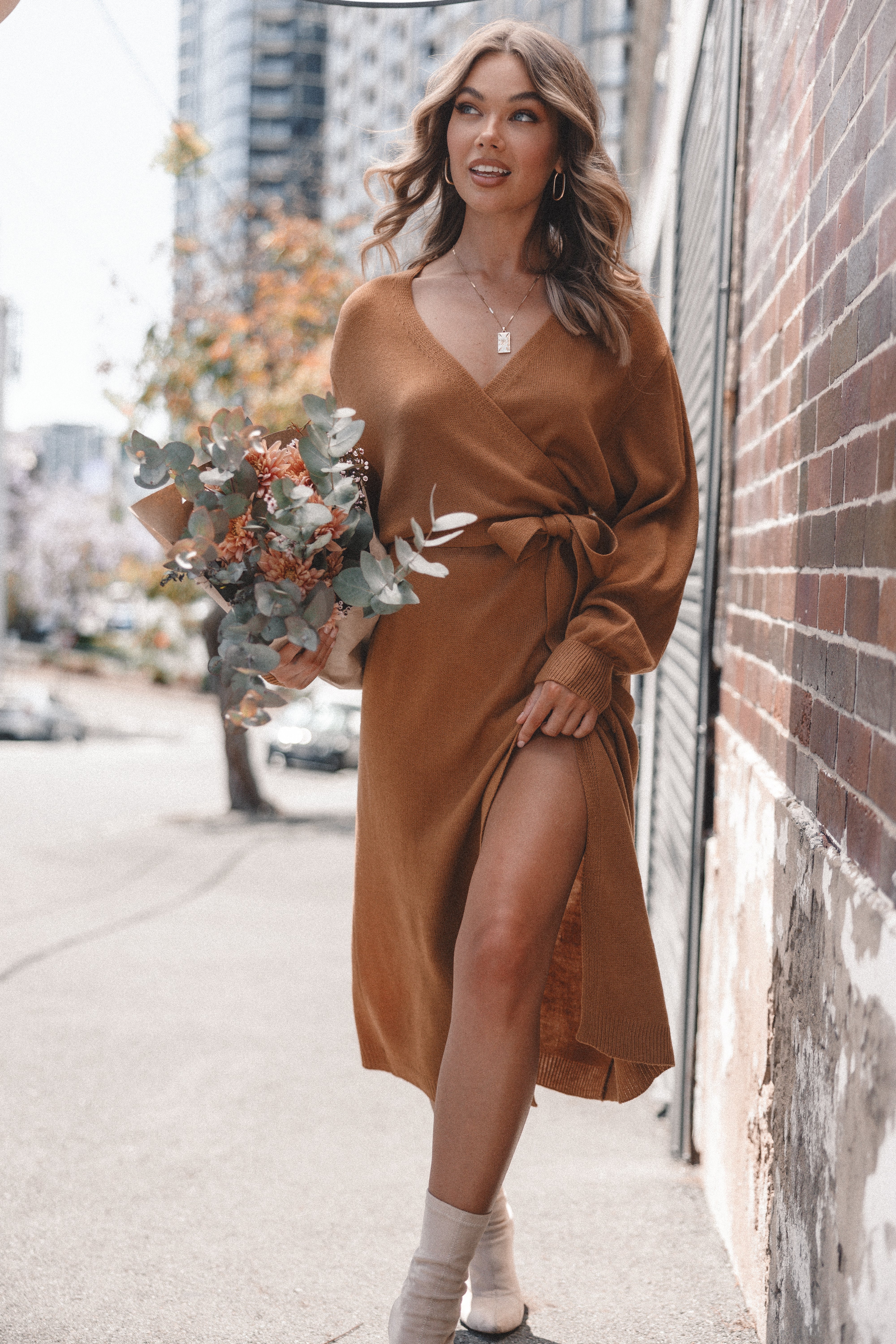 Nova Wrap Knit Midi Dress Camel