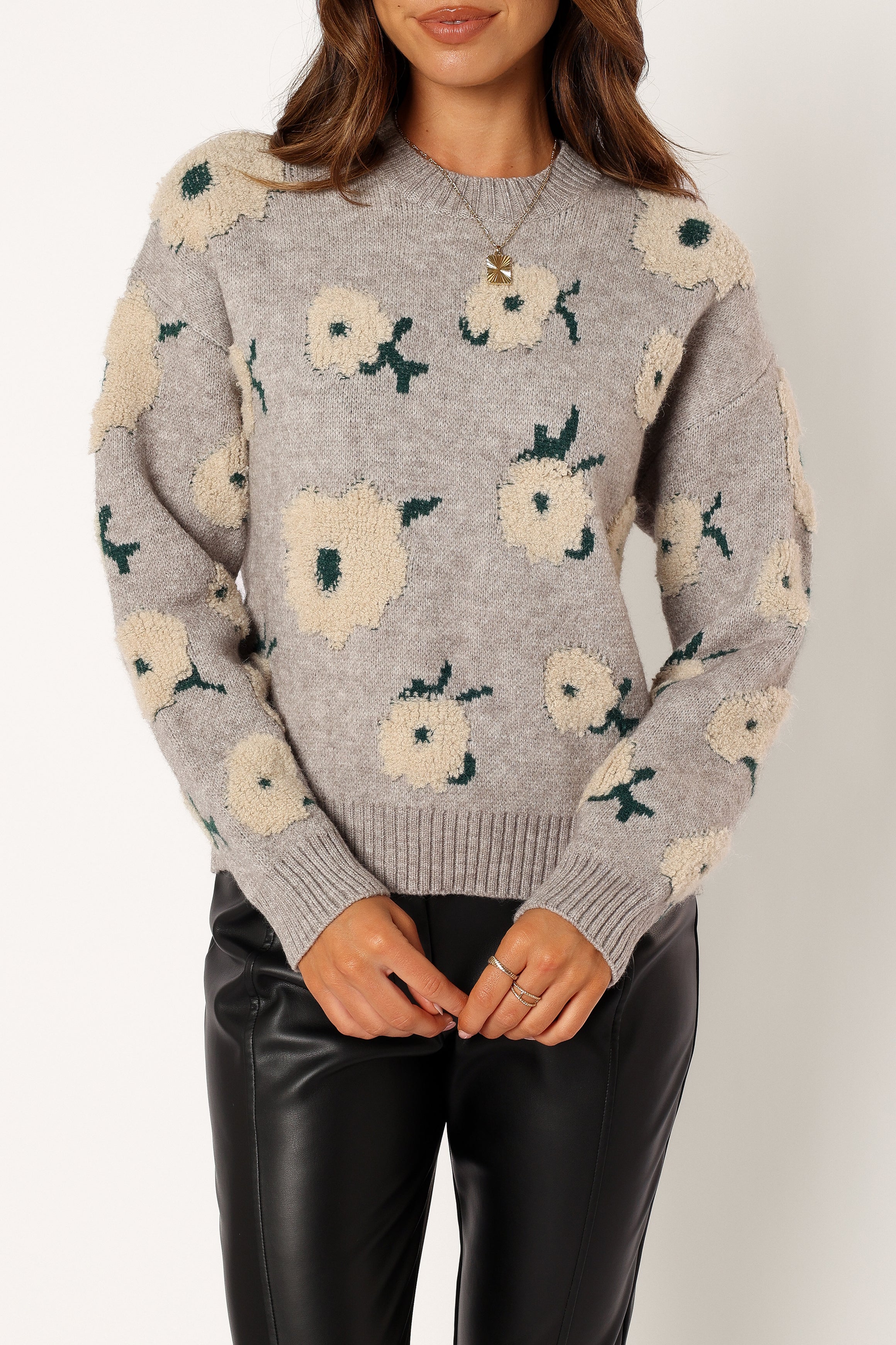 Aubrielle All Over Flower Knit Sweater Grey Green