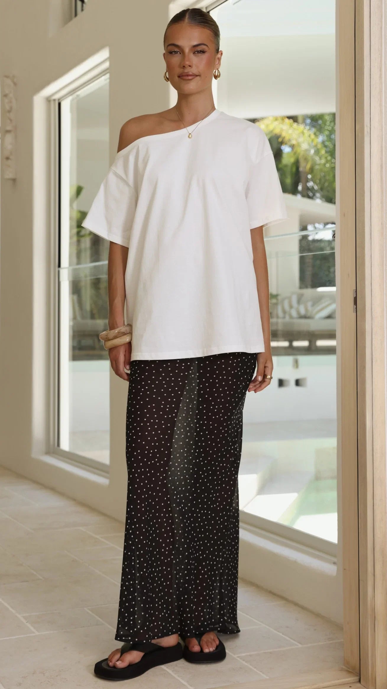 Elena Top and Maxi Skirt Set White Black Polka