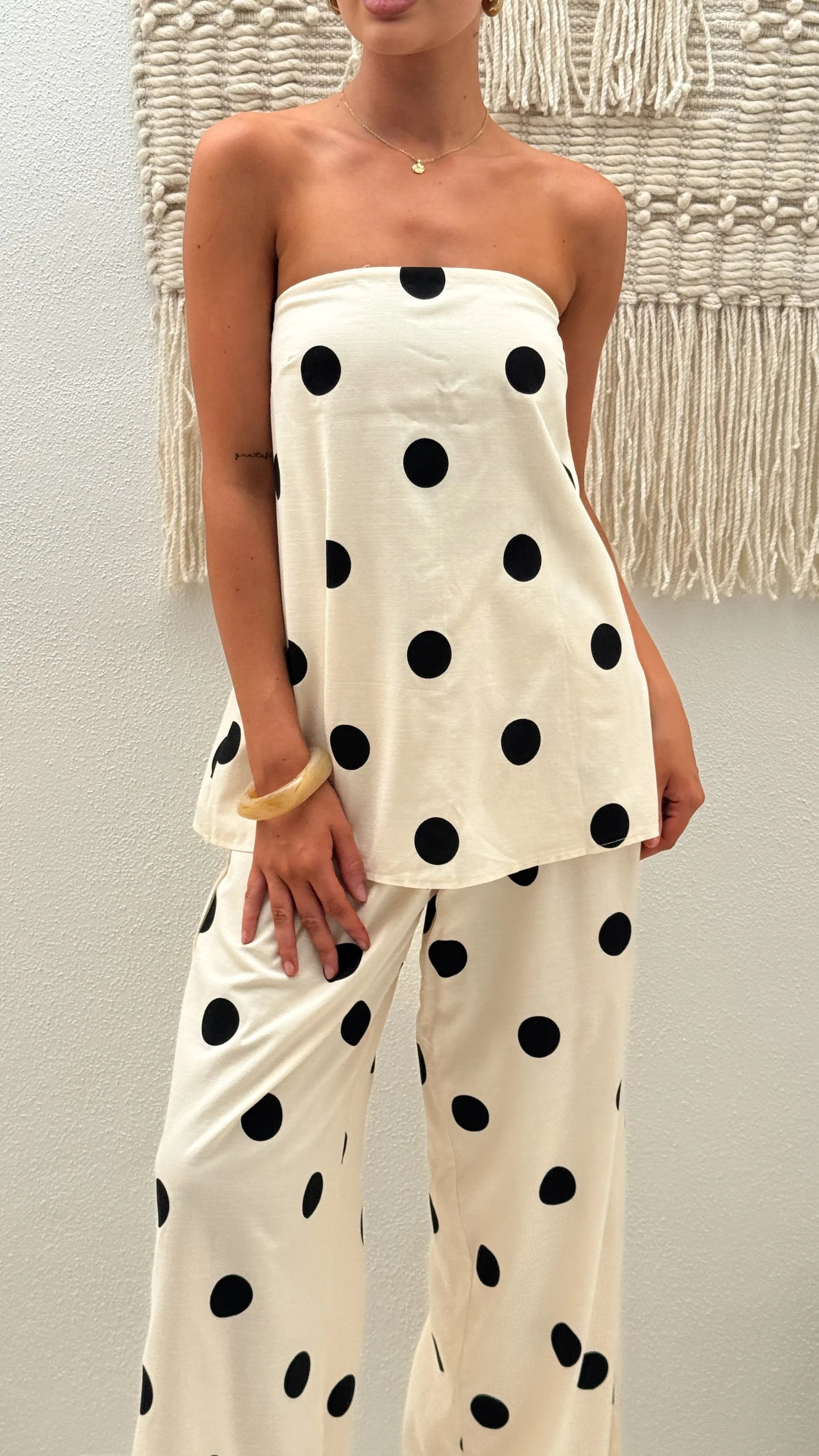 Hazelle Strapless Top Beige Black Polka Dot