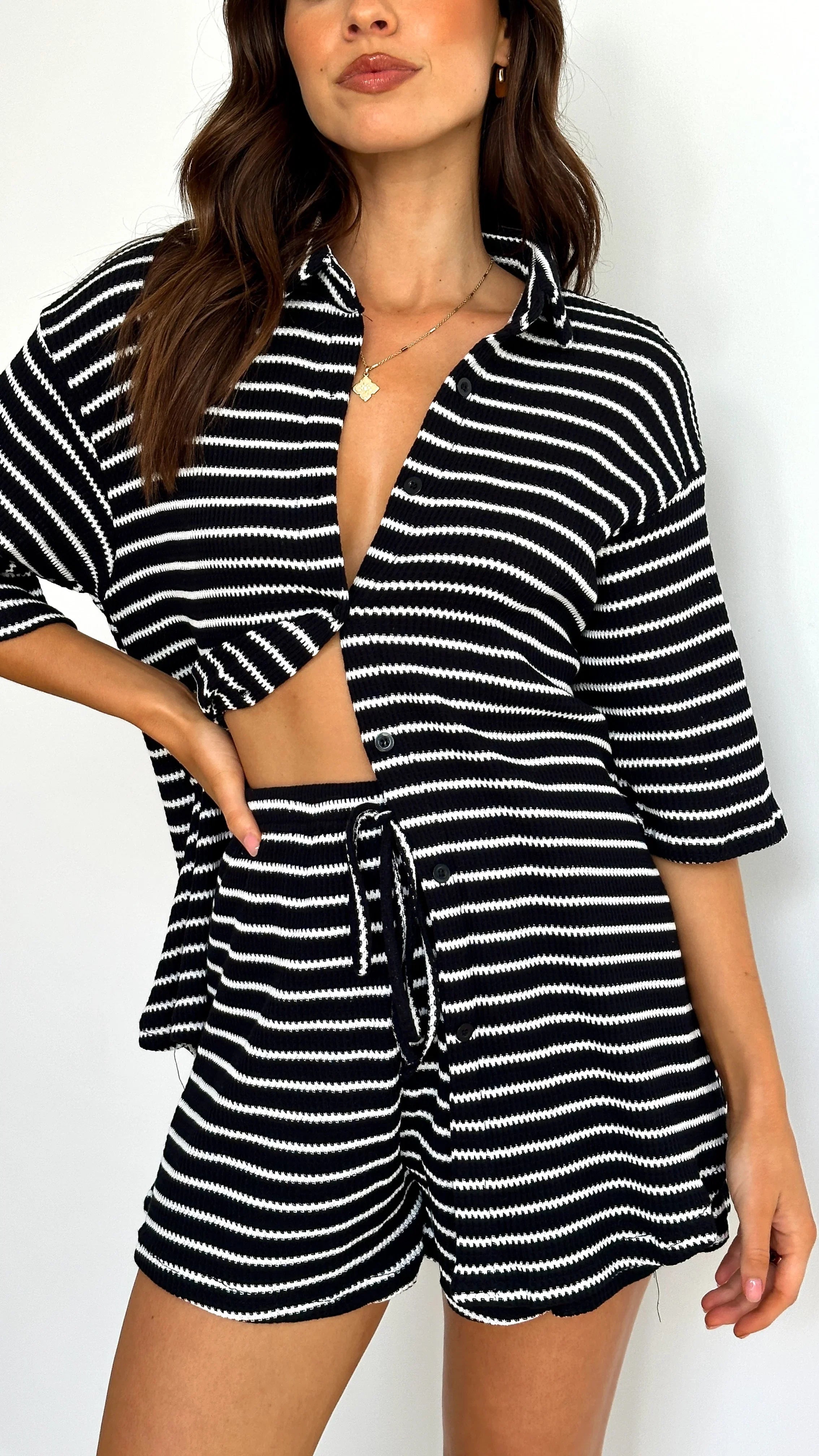 Lacole Button Up Shirt and Shorts Set Black White Stripe