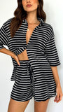 Lacole Button Up Shirt and Shorts Set Black White Stripe