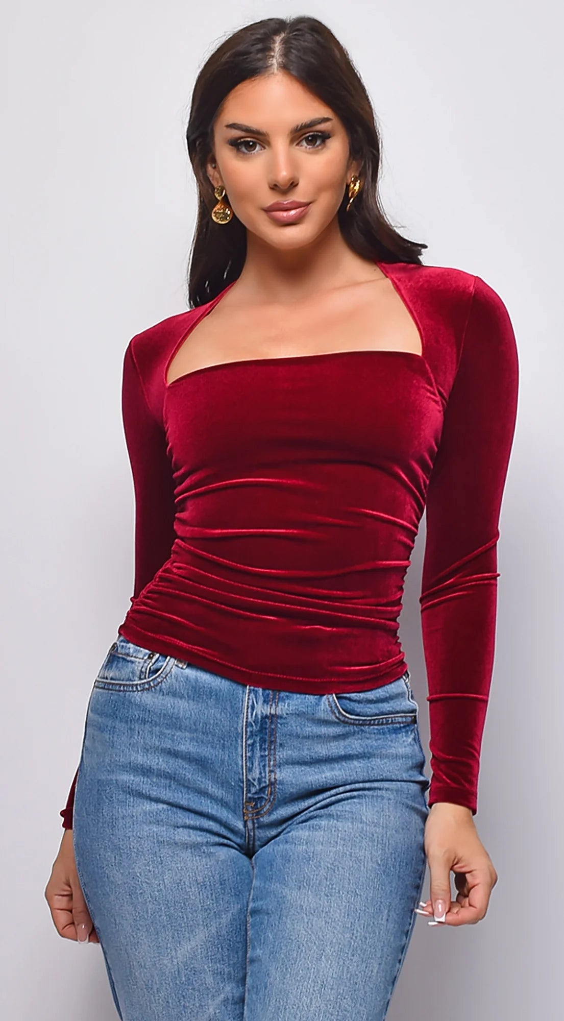 Adora Velvet Square Neck Long Sleeve Top Burgundy