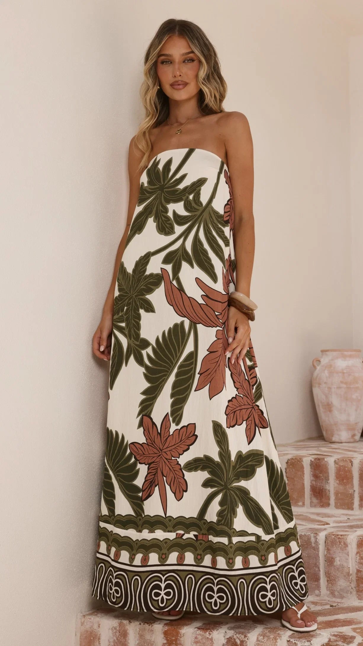 Connie Maxi Dress Green Beige Palm