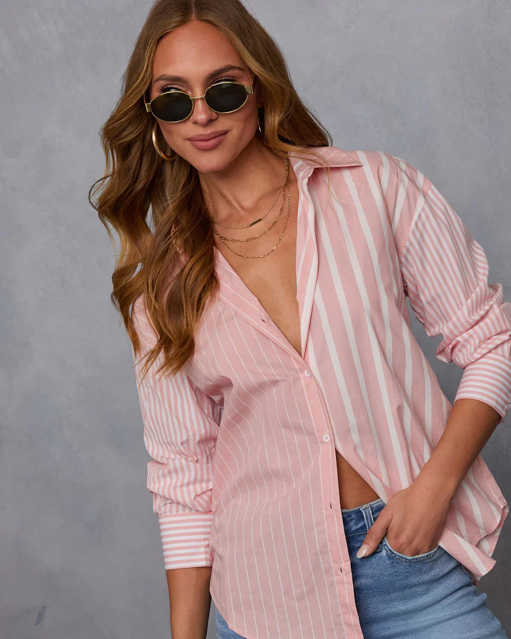 All Day Style Striped Poplin Collared Shirt
