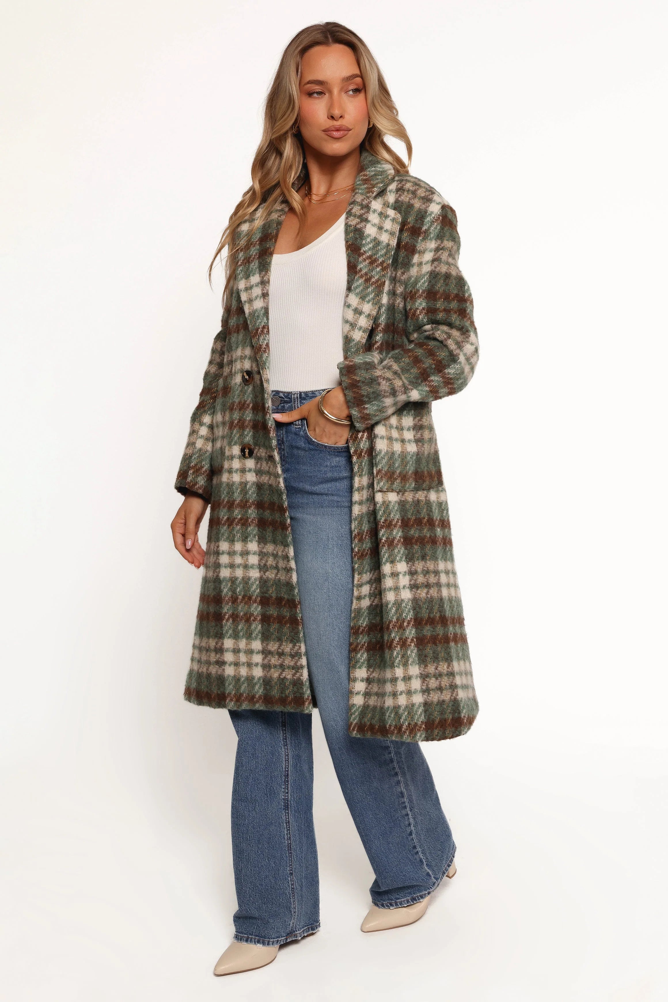 Anika Plaid Long Coat Green Brown