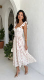 Florienne Floral Corset Flutter Midi Dress Ivory