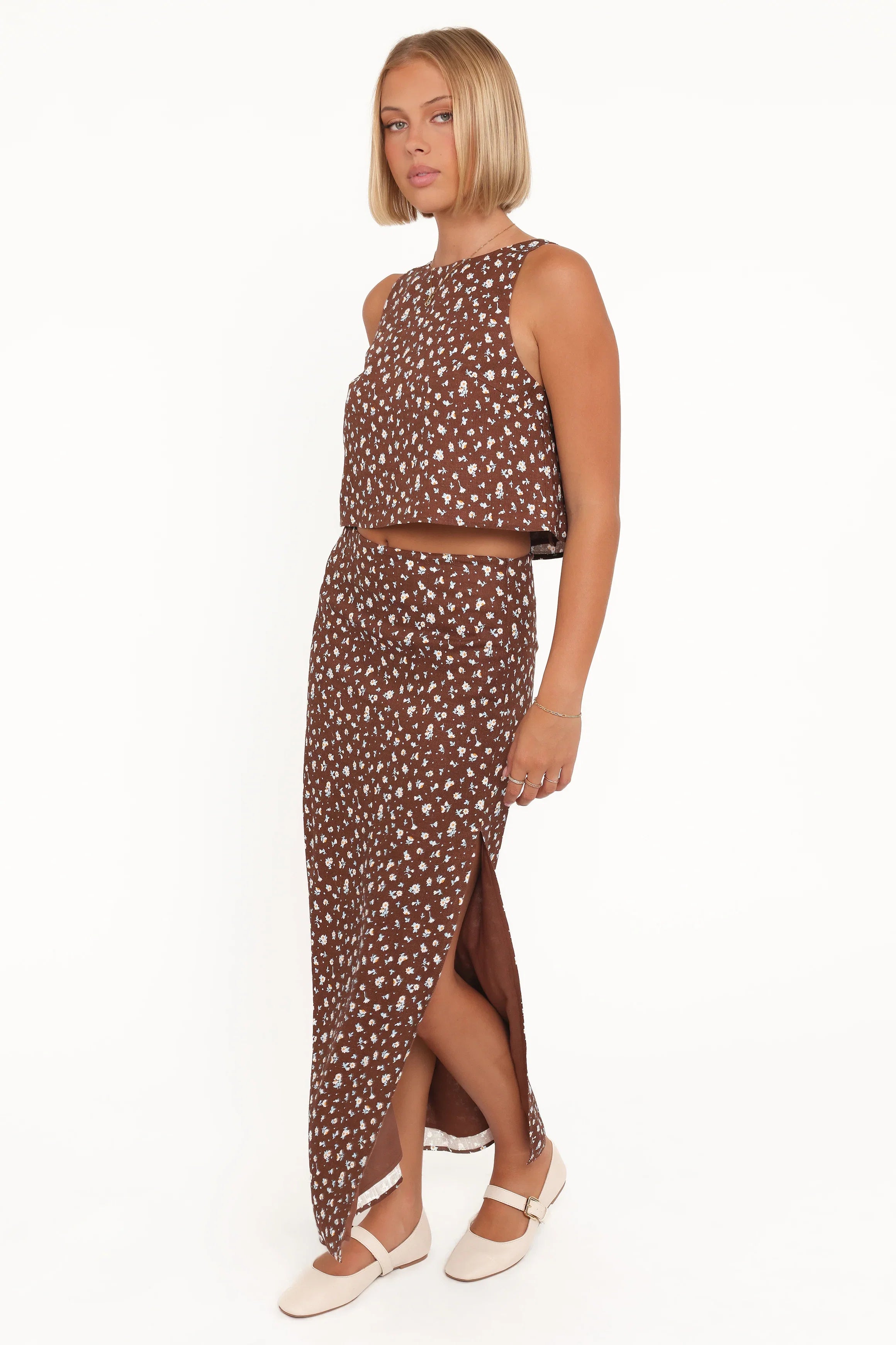 Madison Linen Column Skirt Brown Floral