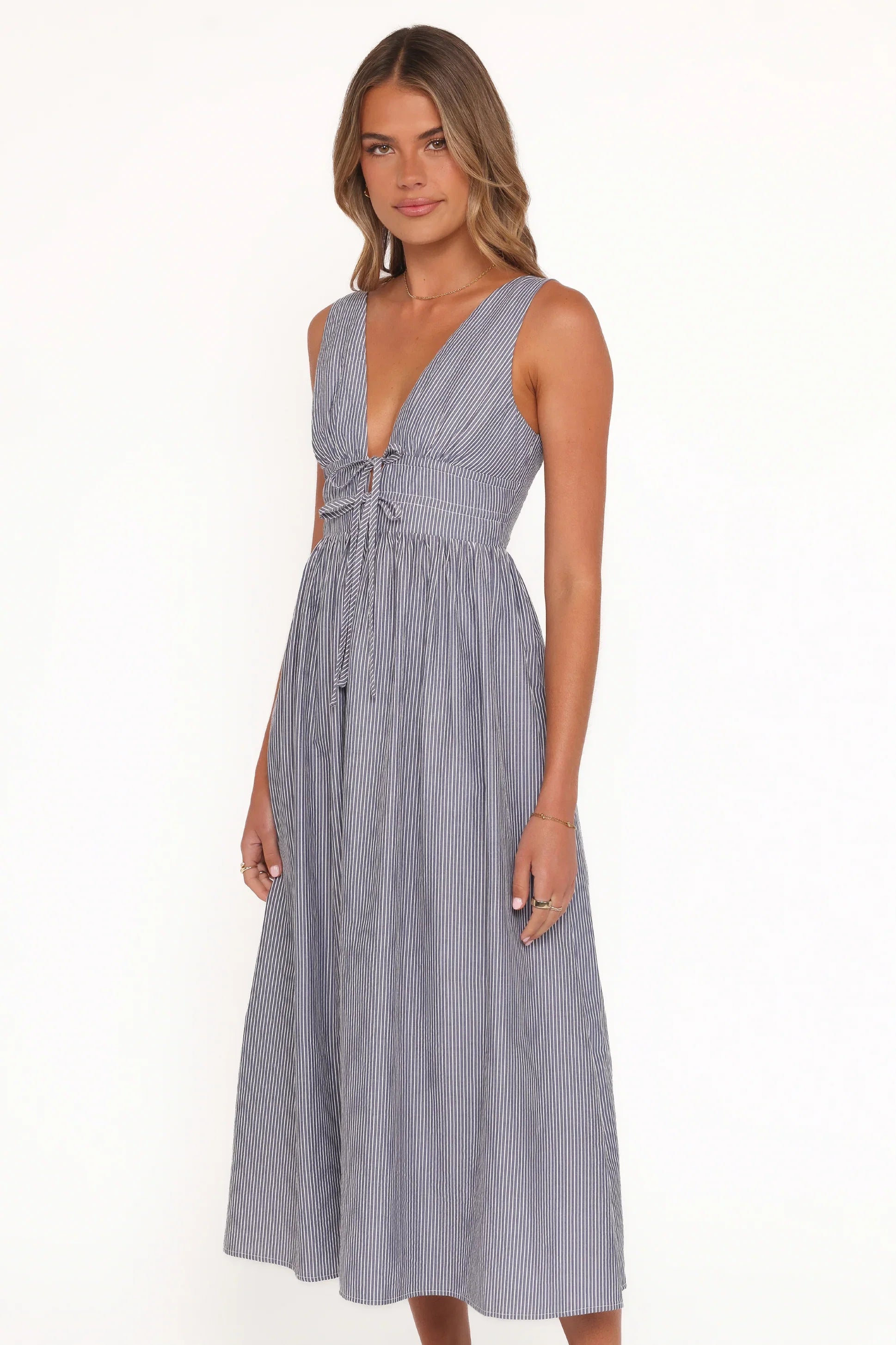 Annora Midi Dress Navy Pinstripe