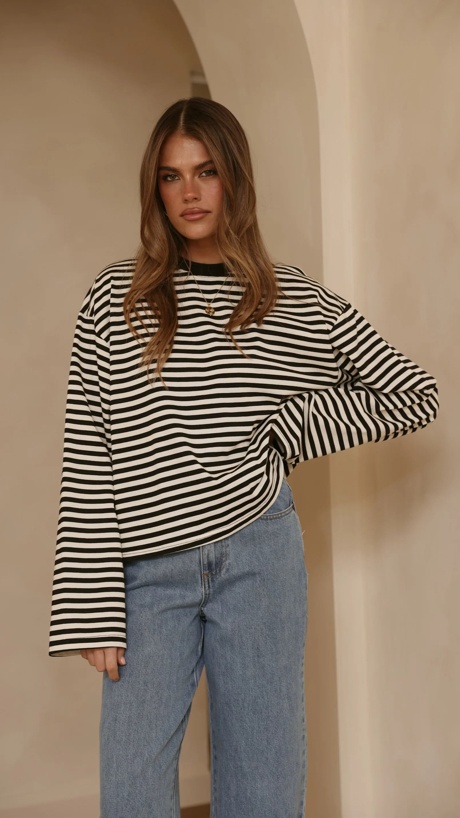Solana Long Sleeve Top Black White Stripe
