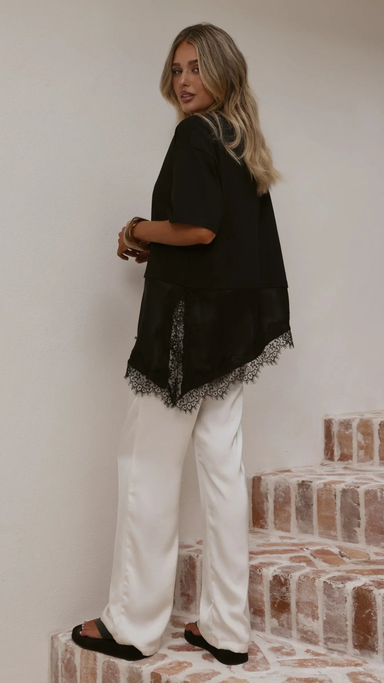 Mirandah Satin Panel T Shirt Black