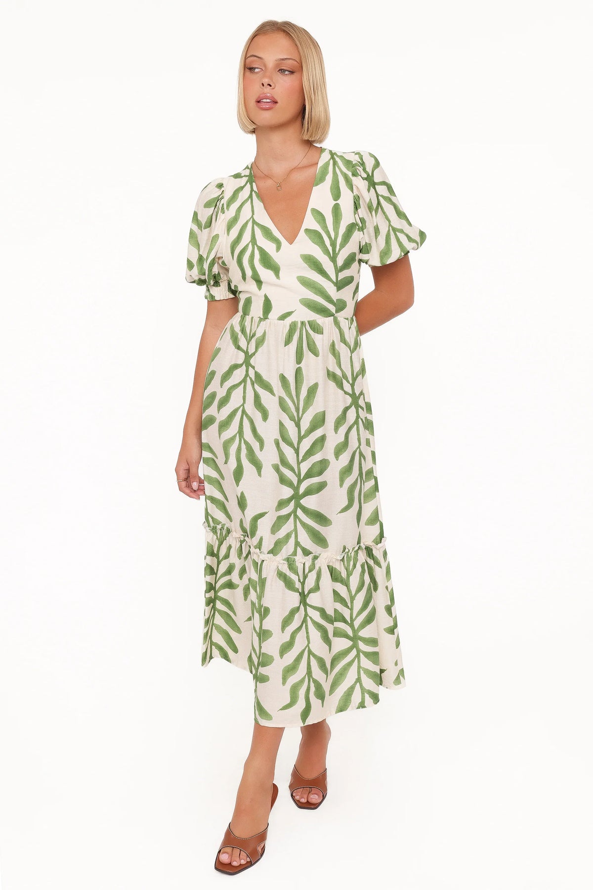Steele Puff Sleeve Midi Dress Green Palm
