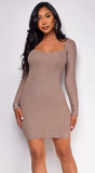 Arsenie Long sleeve Sweater Ribbed Side Slit Mini Dress Brown