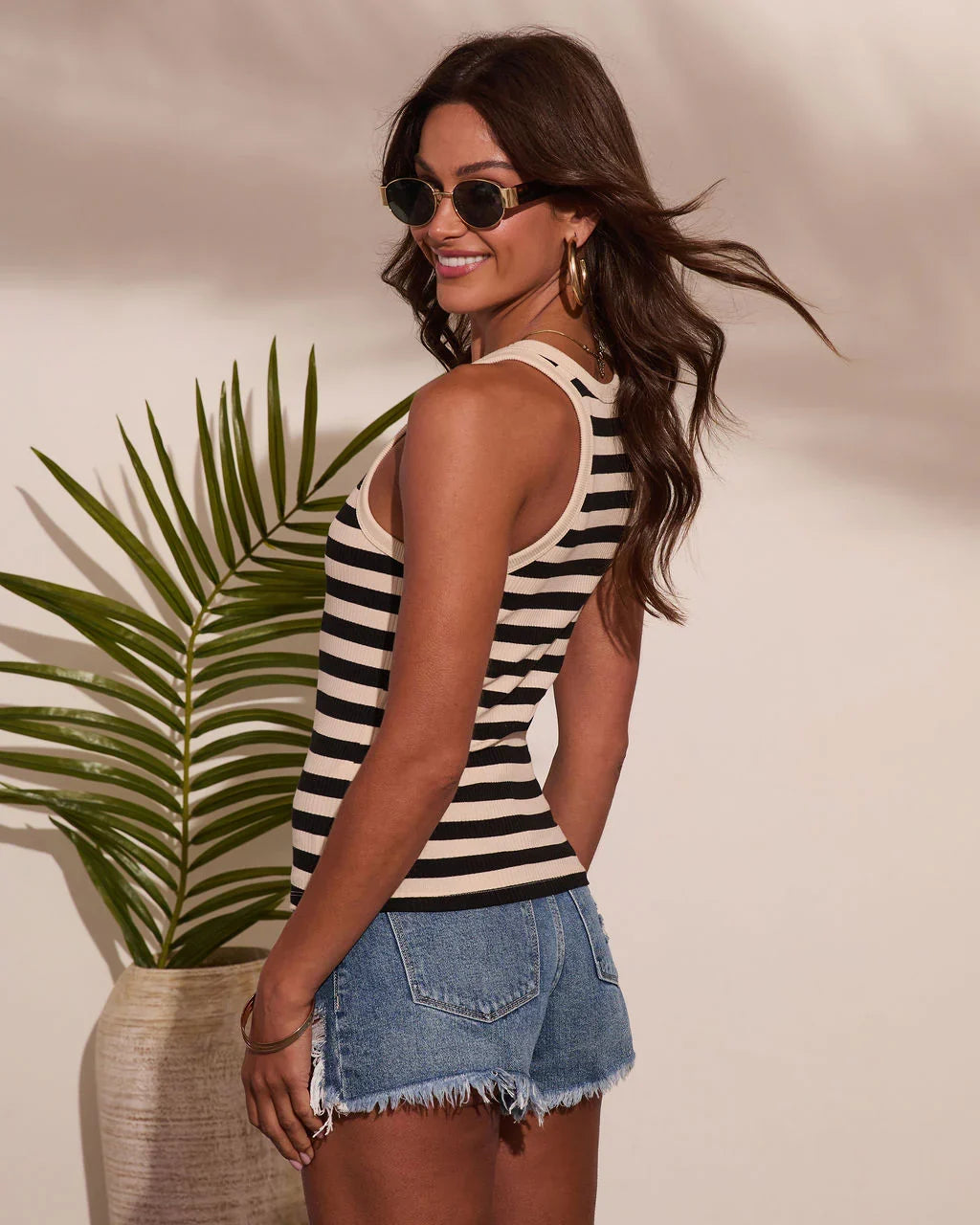 Elara Ribbed Knit Striped Print Tank Top