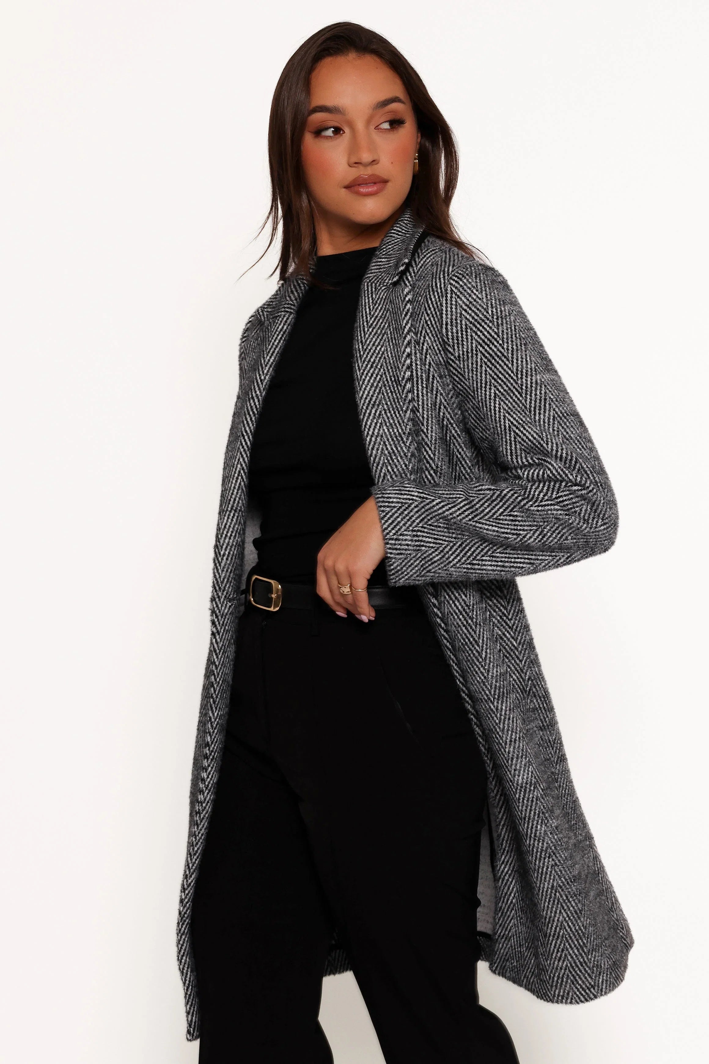 Nicoletta Single Button Herringbone Coat Black