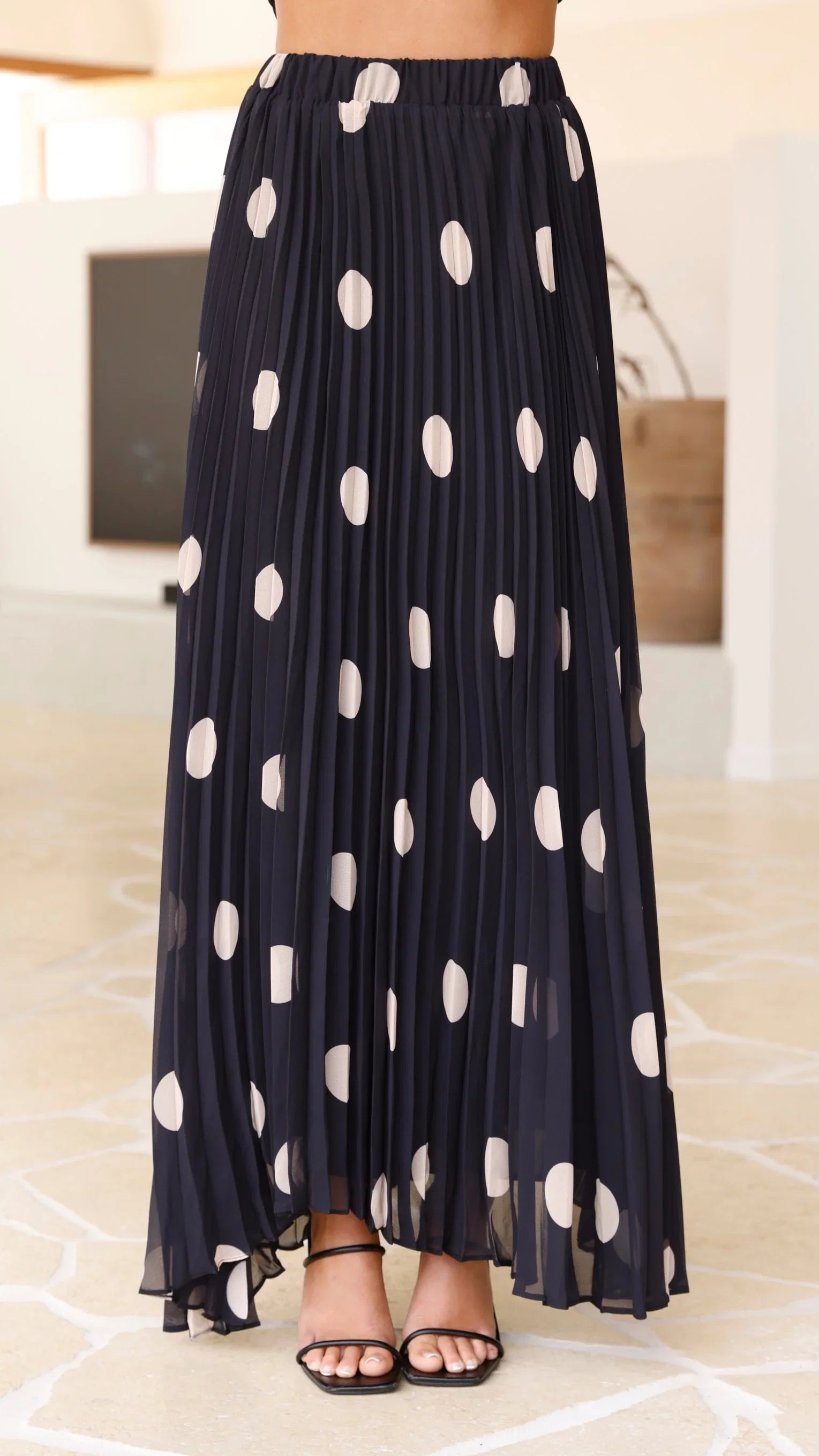 Cambree Peplum Top and Maxi Skirt Set Black Beige Polka Dot