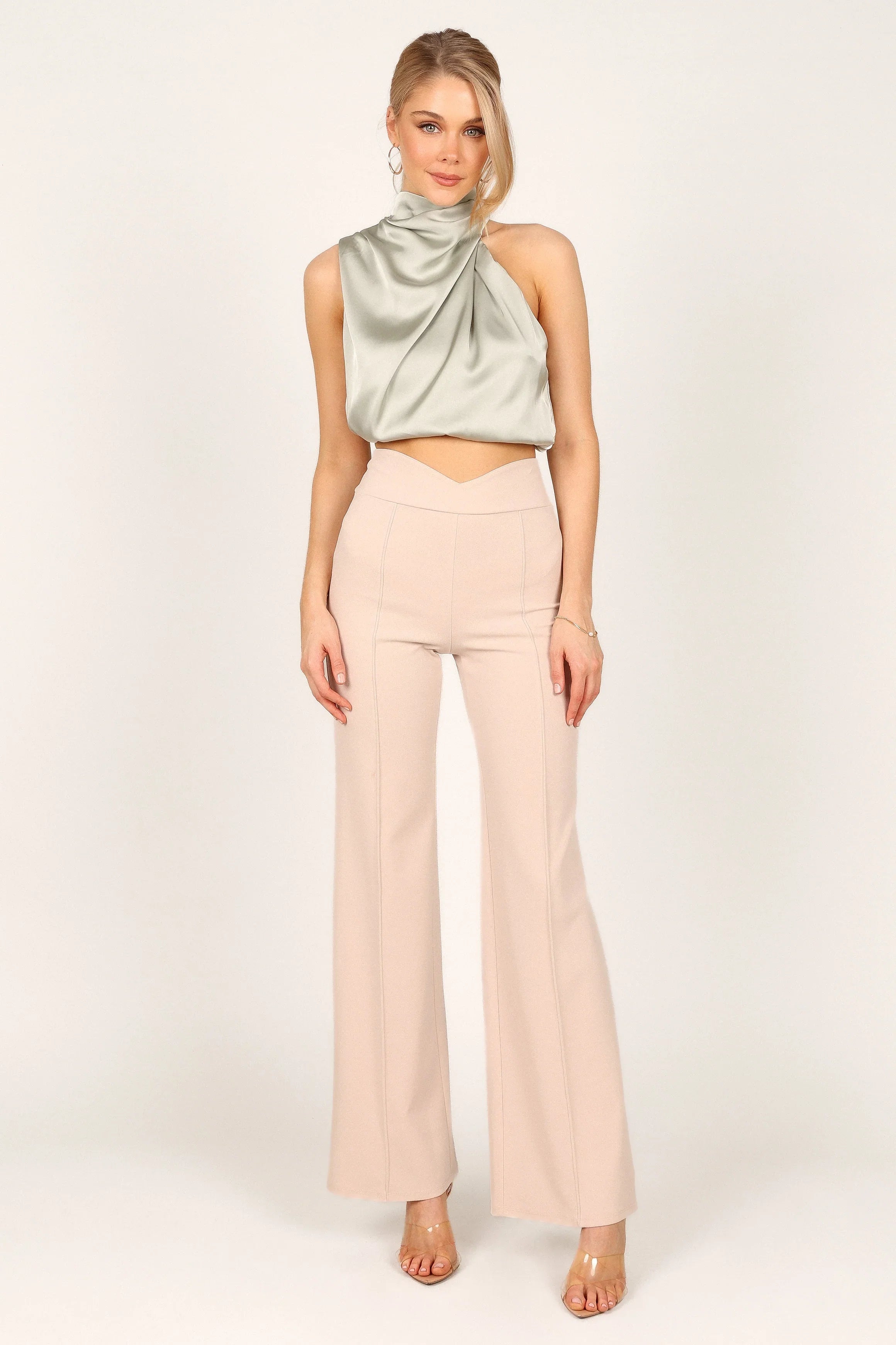 Arabella High Neck Drape Satin Top Olive