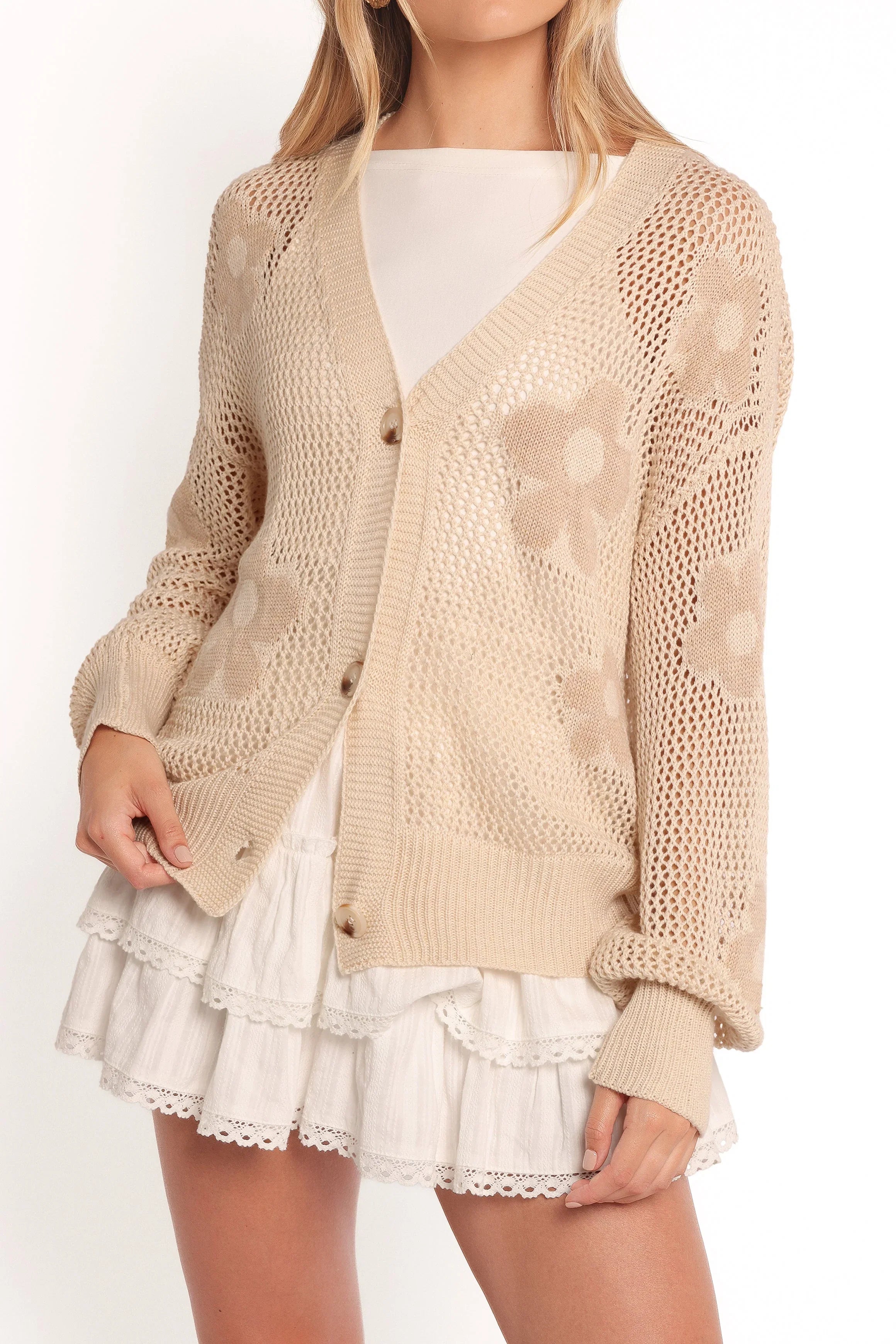 Winslow Open Knit Flower Cardigan Tan