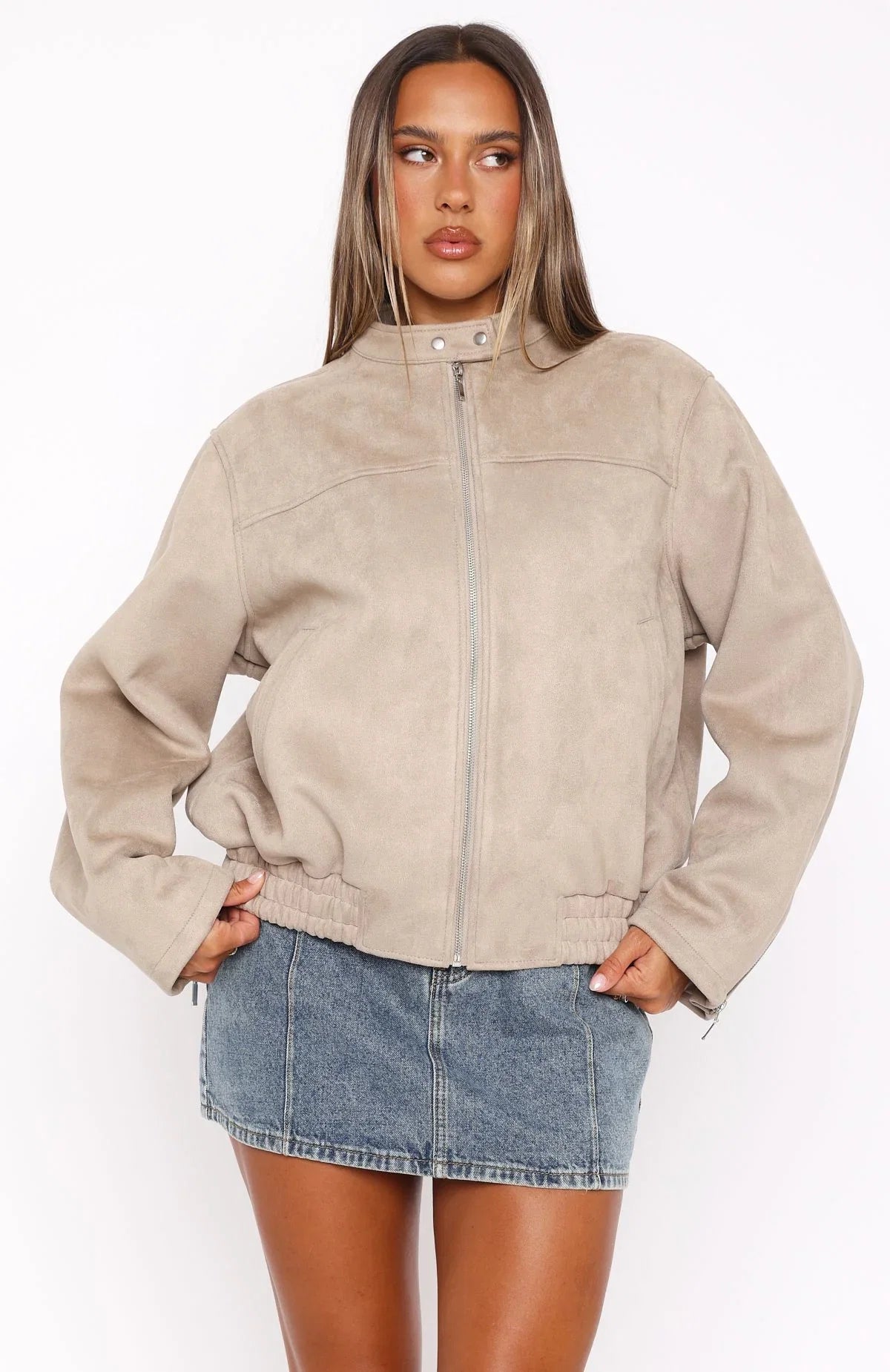 Watchin Out Faux Suede Bomber Jacket Sand