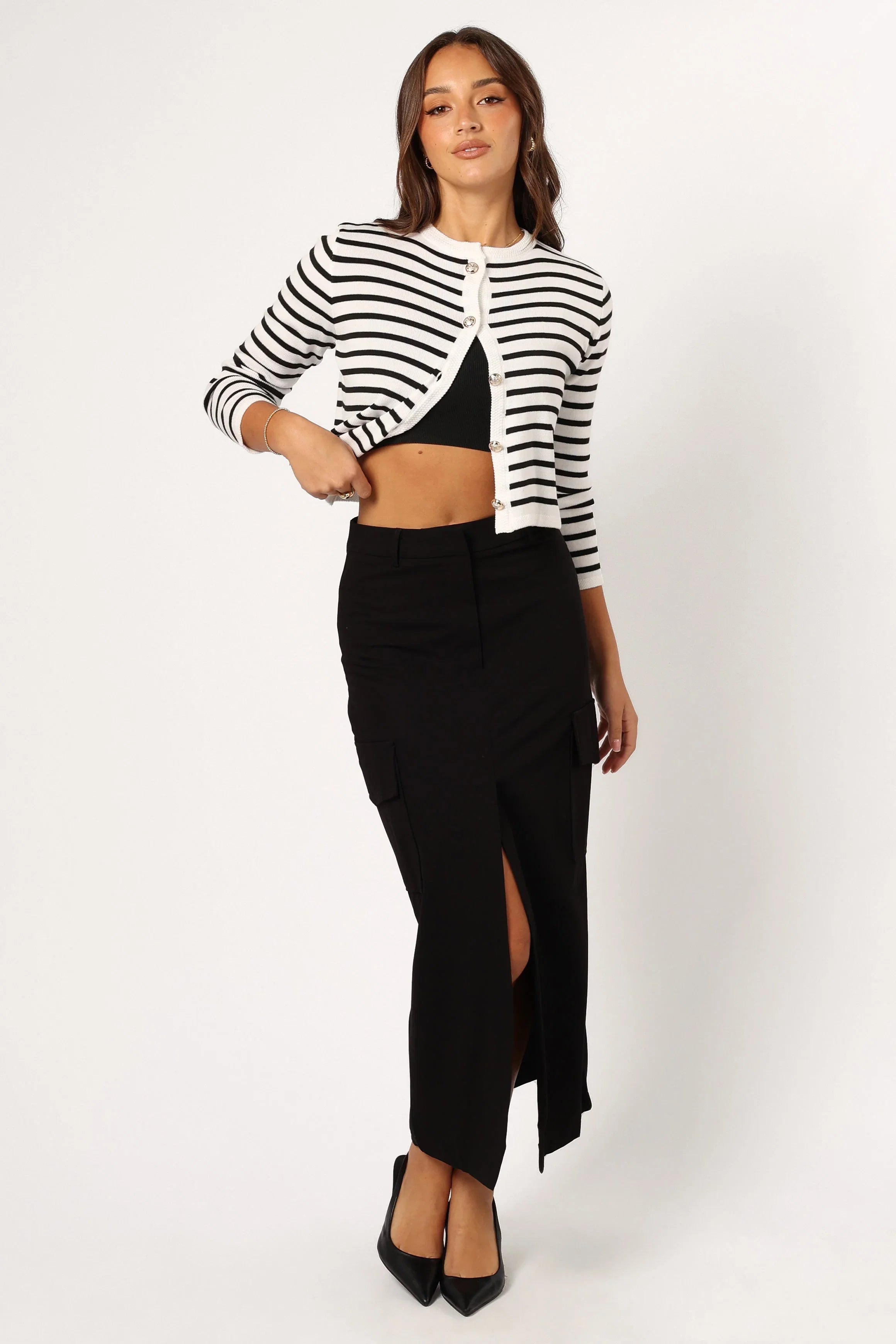 Cynthia Striped Button Front Cardigan Black Cream