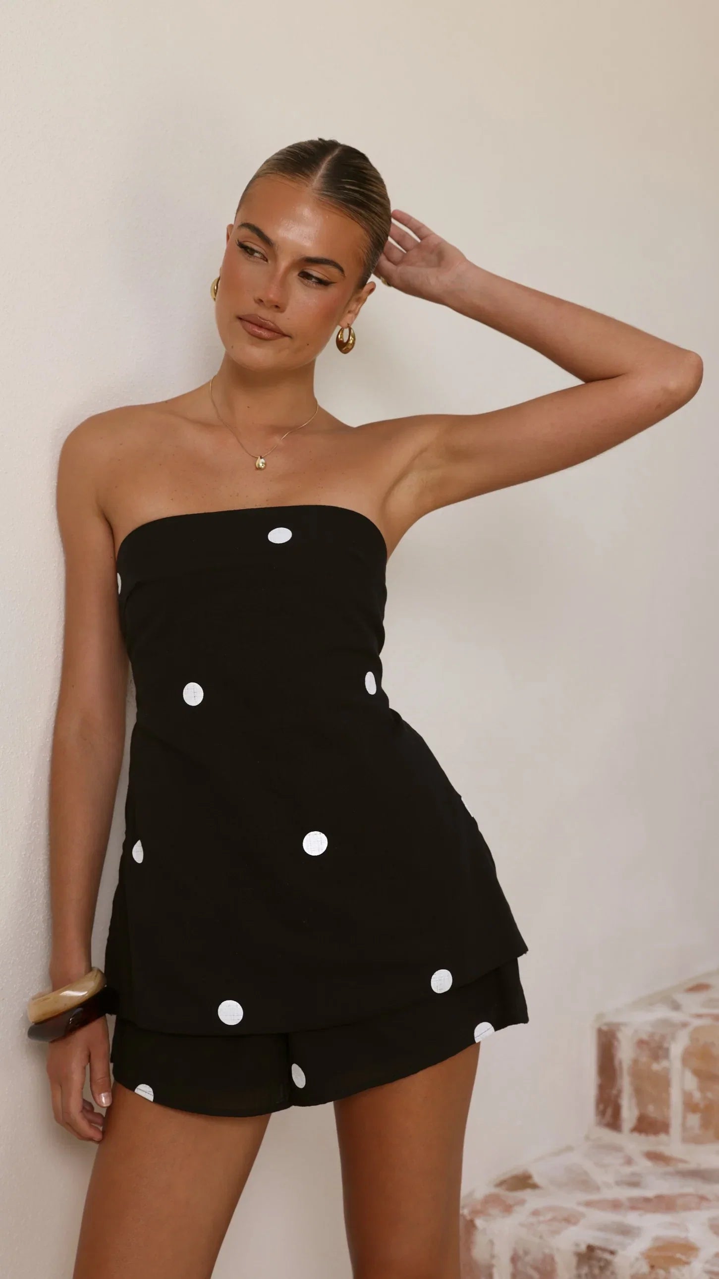 Kiki Strapless Top and Shorts Set Black White Polka Dot