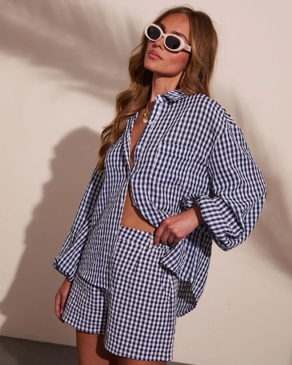 Sun Weathered Gingham Print Button Down Top