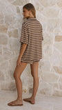 Tali Button Up Shirt and Shorts Set Mocha Yellow Stripe
