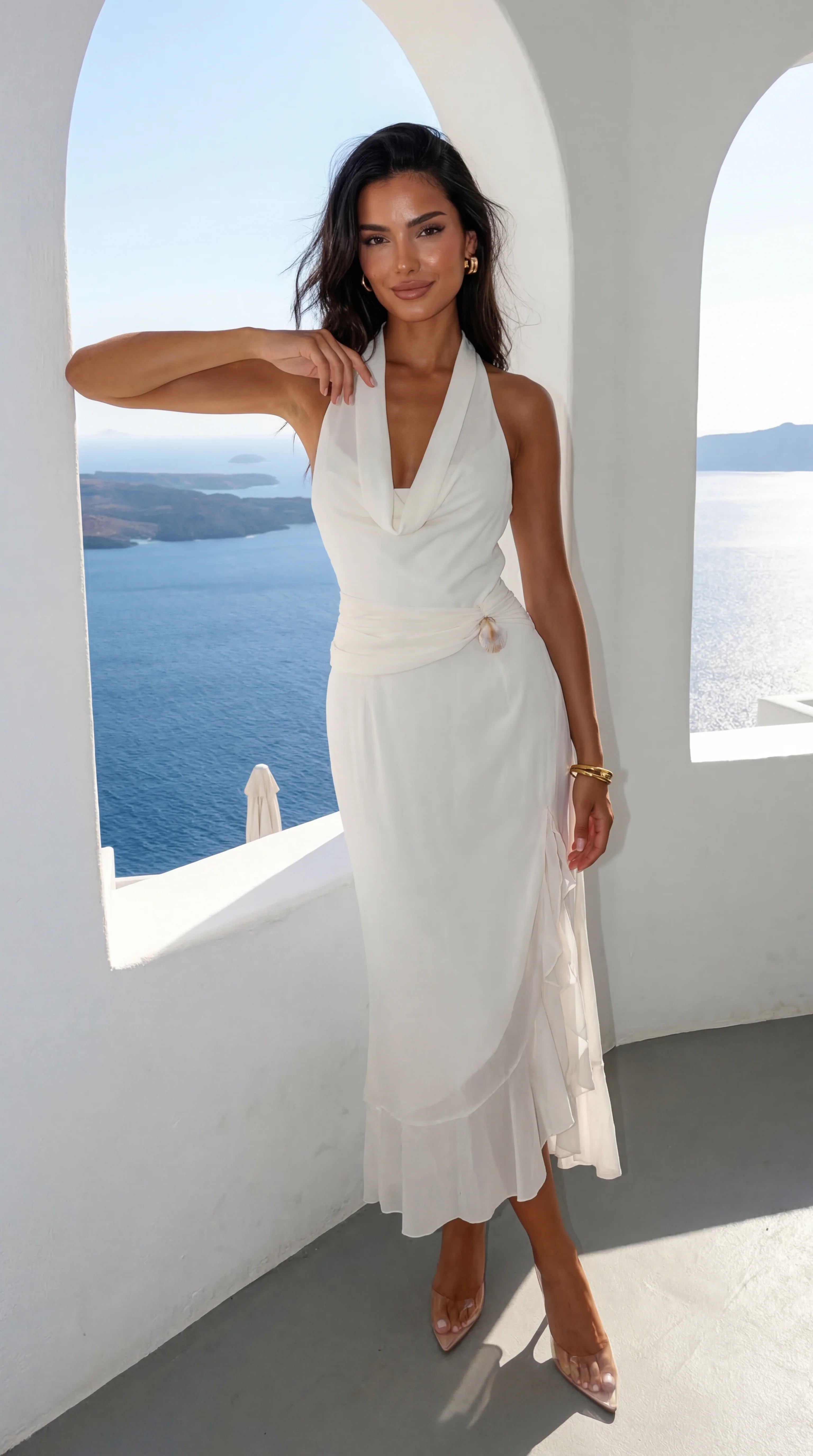 Aurevia Drape Seashell Slit Maxi Dress Off White