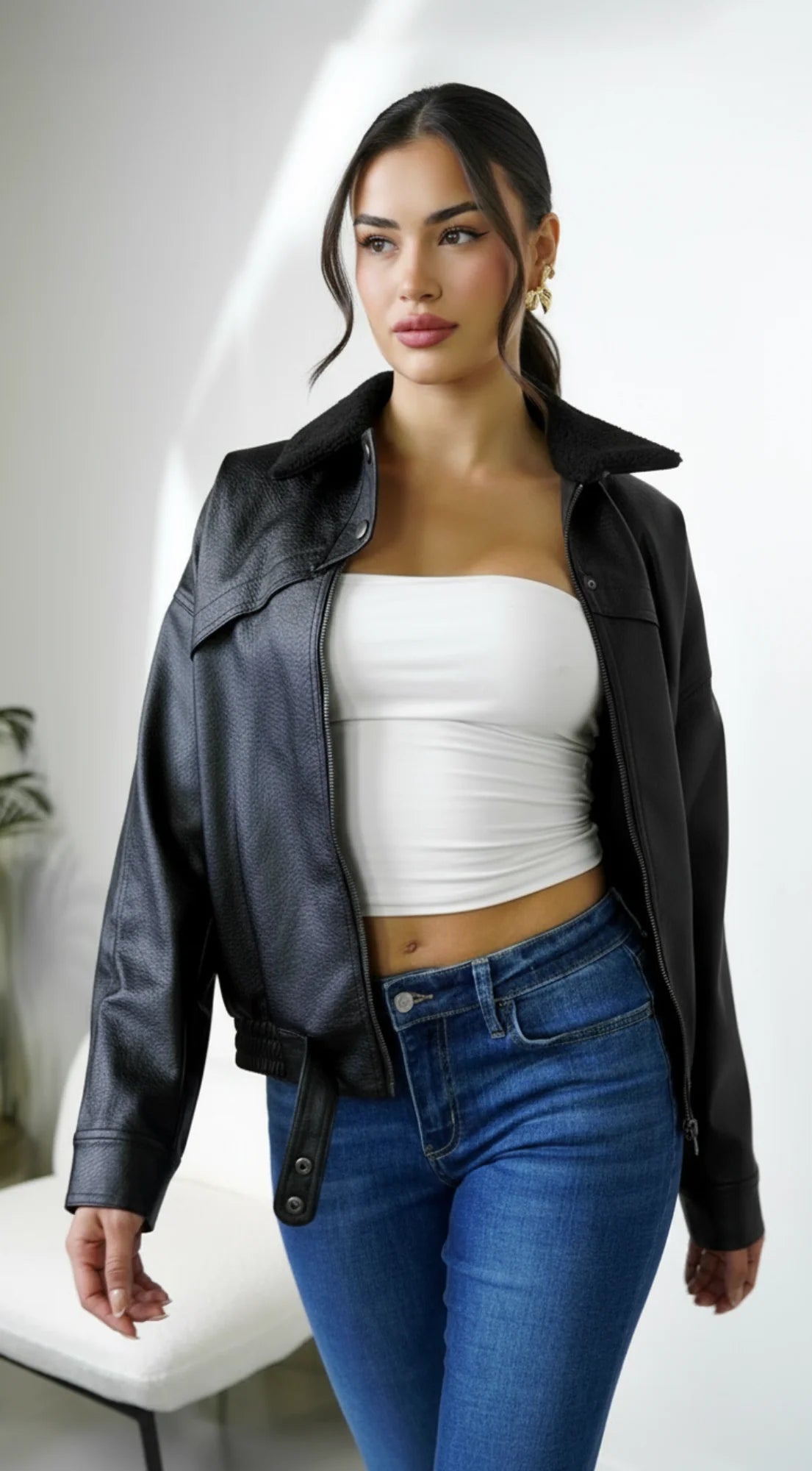 Rhéa Shearling Collar PU Leather Jacket Black