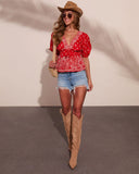 Kinslee Plunging Neckline Paisley Bandana Print Peplum Top