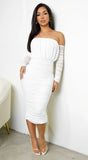 Annora Mesh Long Sleeve Ruched Midi Dress White