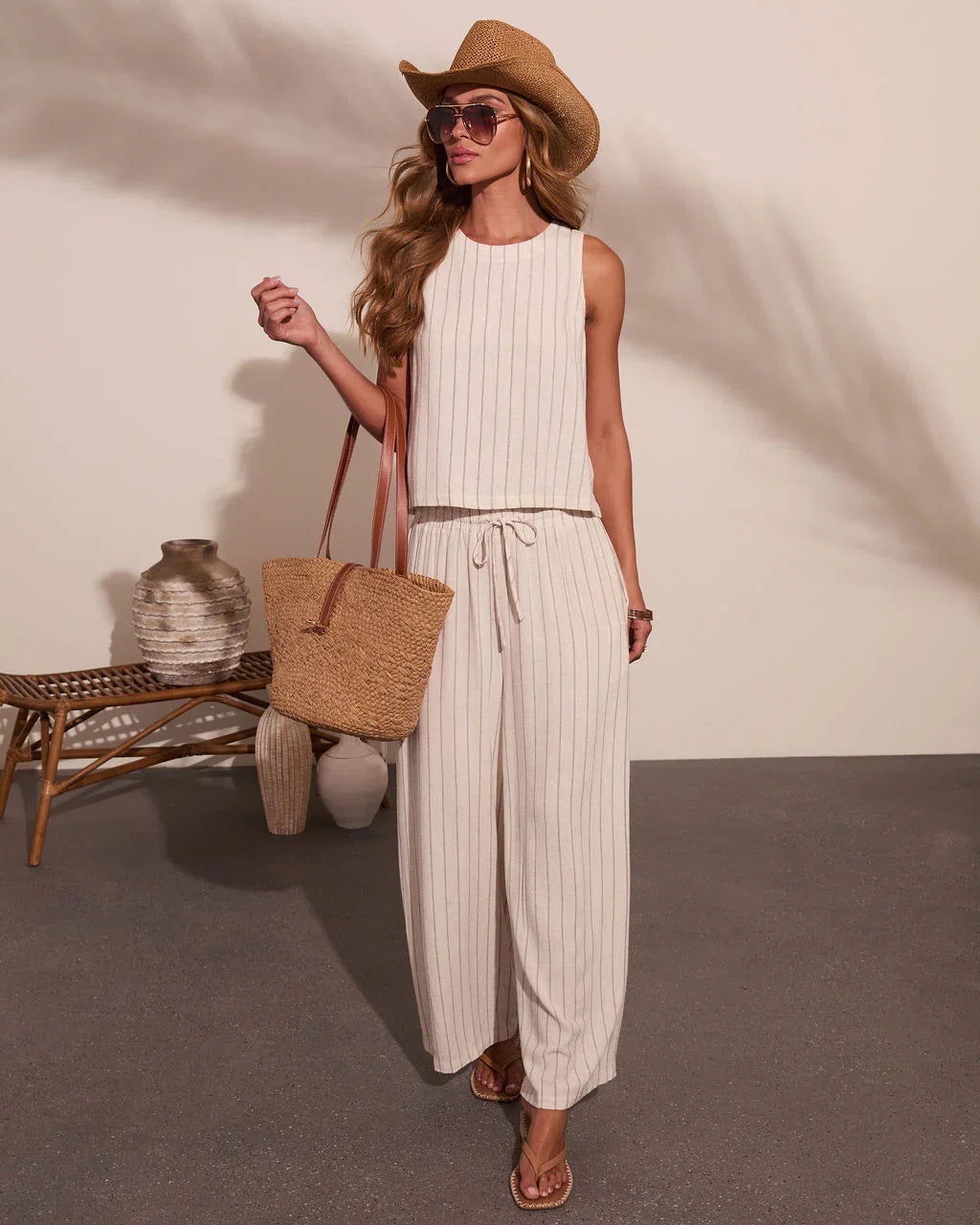 Lainee Striped Drawstring Linen Blend Wide Leg Pants
